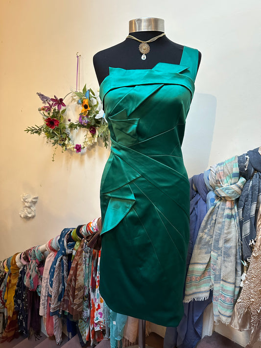 Designer Karen Millen Green Satin One Shoulder Statement Dress Size 10