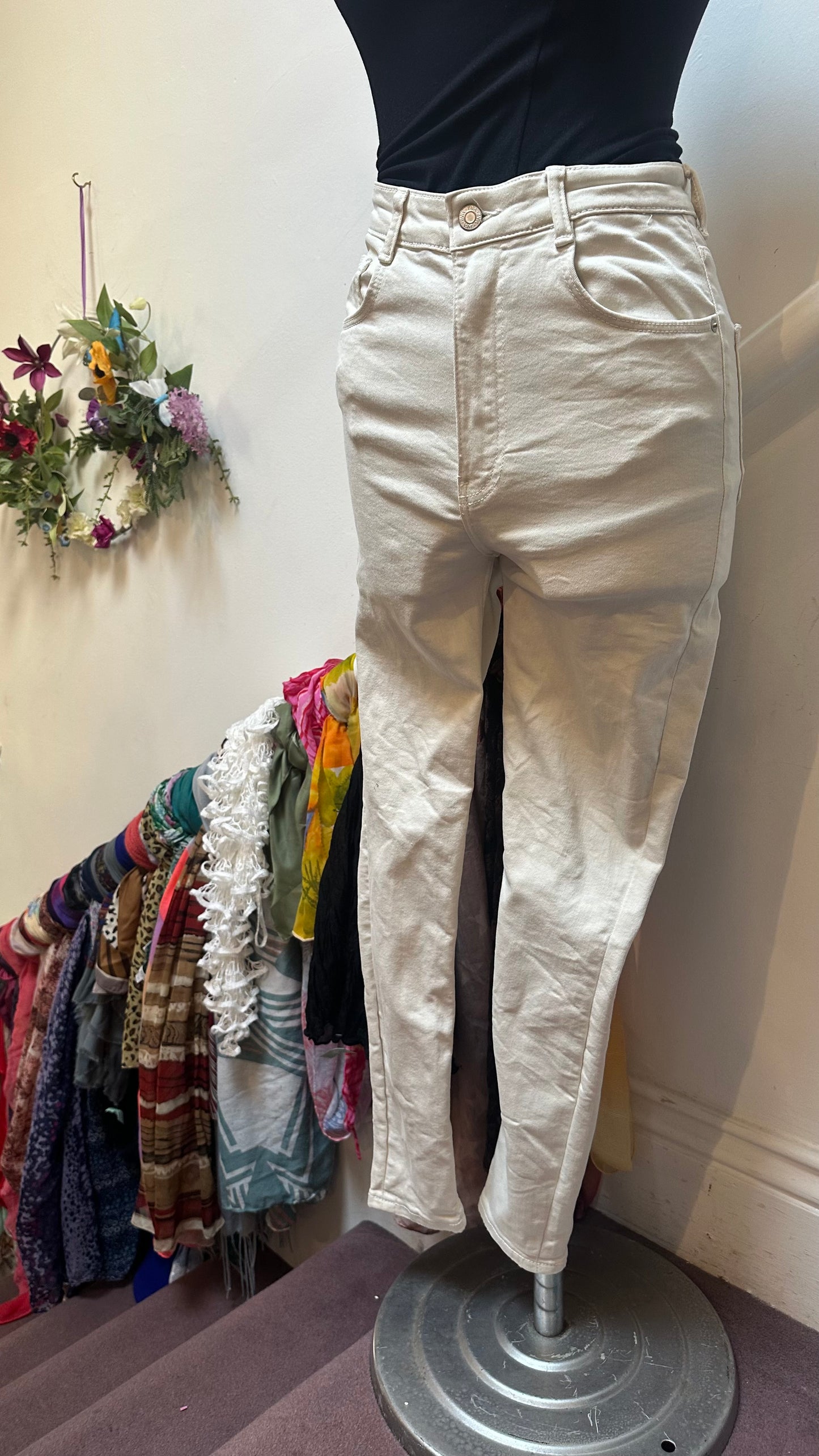 Zara Cream Stretchy Skinny Jeans High Waist Size 10
