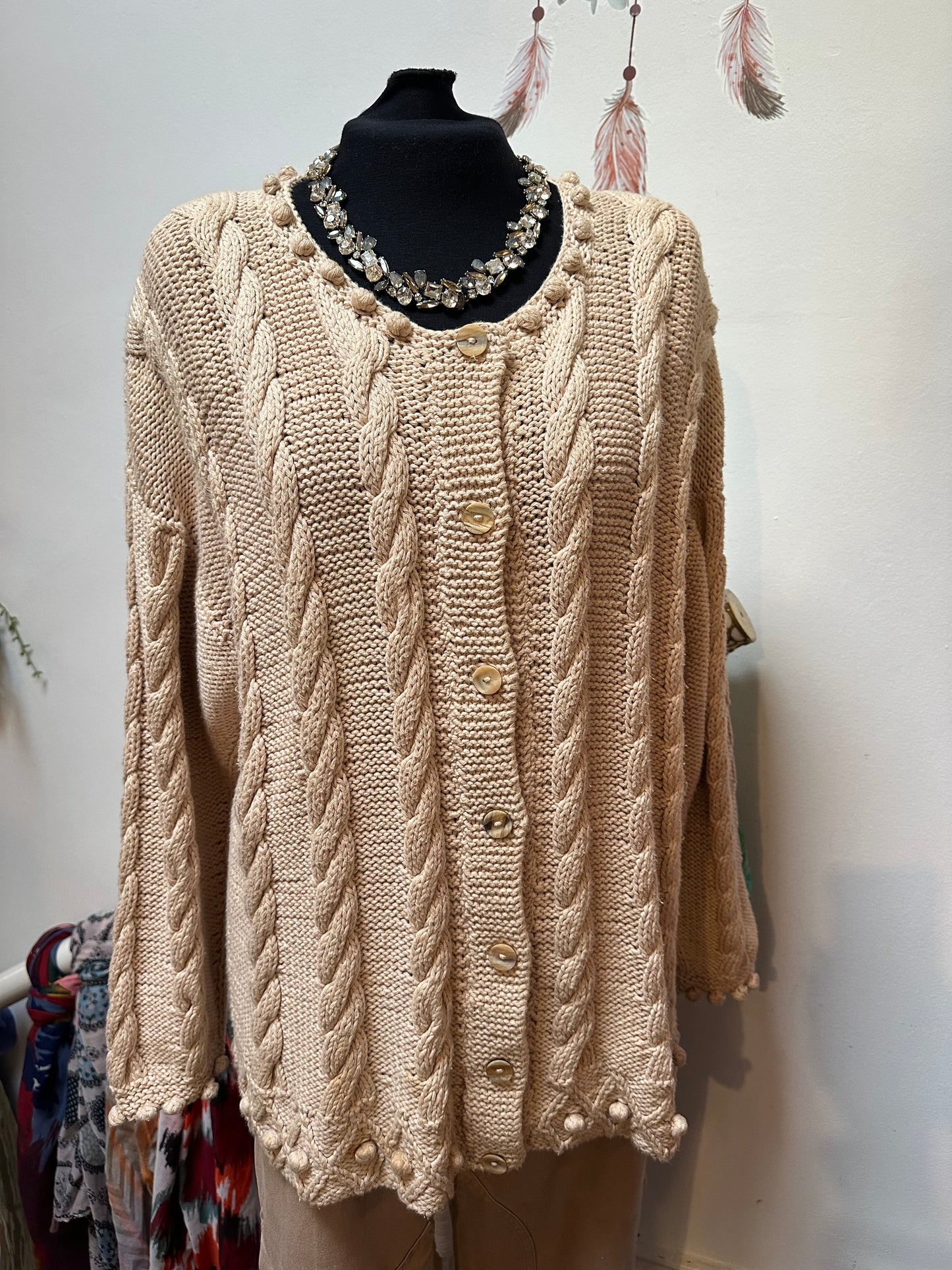 Designer Golden Spiderweb 100% Heavy Cotton Knitted Cardigan with Shoulder Pads Best Fit Size L