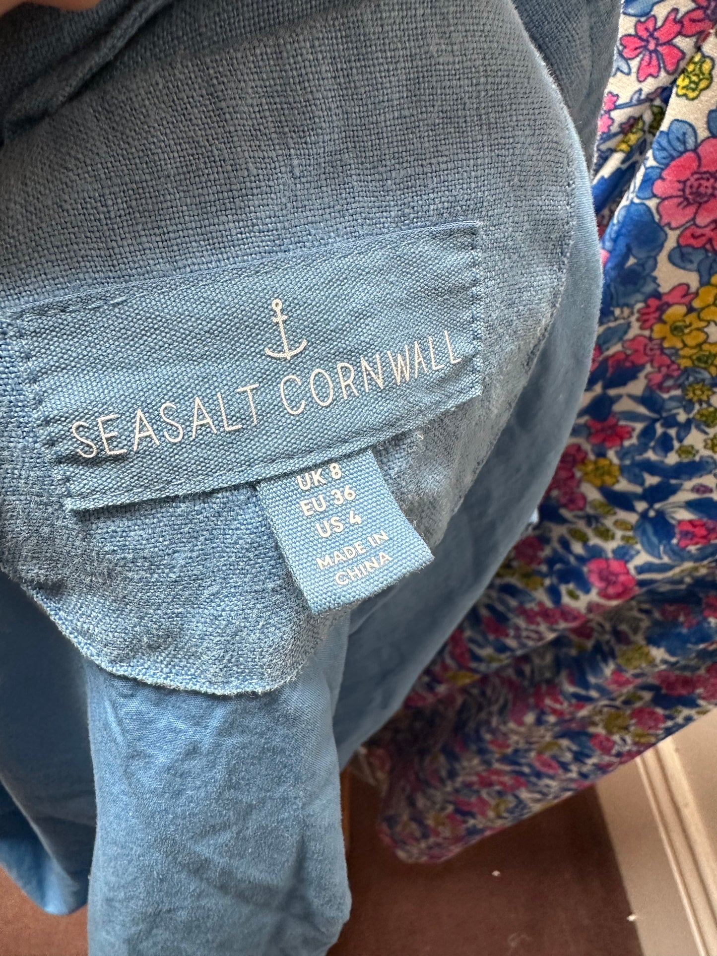 Designer Seasalt Cornwall 100% Linen Blue Jacket Size 8 Loosefit
