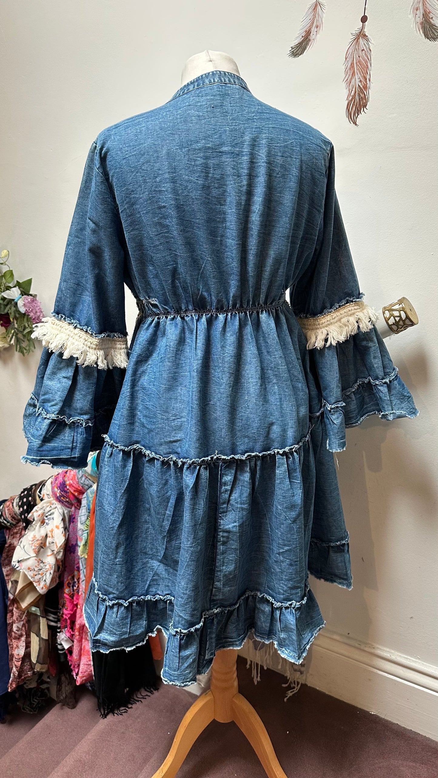 Stunning Handmade by Siya Denim Embroidered Tunic Dress 100% CottonBest Fit Size 10 (slit at front but could be sewn closed to be worn as dress)