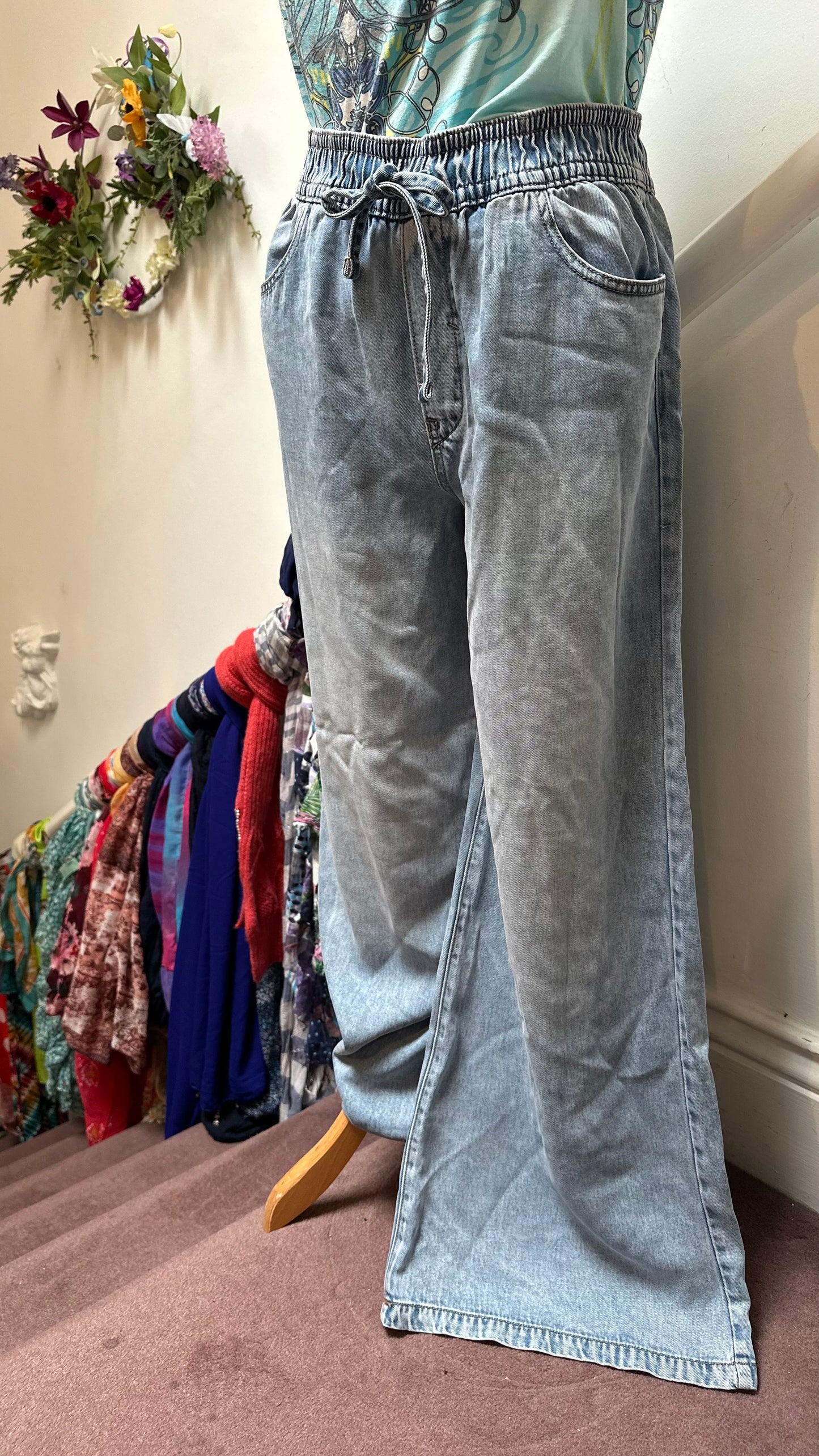 River Island Wide Leg Chino-Style Denim Trousers Size 12