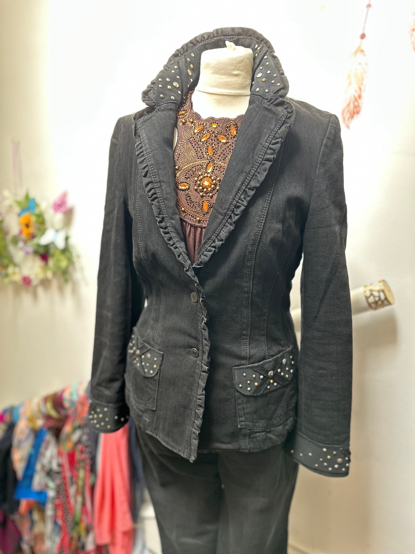 Designer Giorgio Grati Studded Denim Suit Best Fit Size 12 (1 Belt Loop needs a stitch)