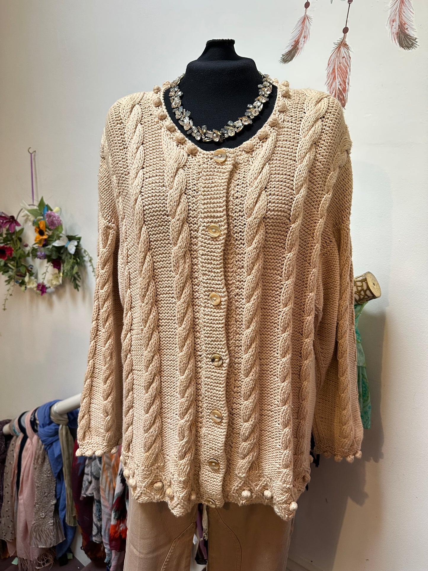 Designer Golden Spiderweb 100% Heavy Cotton Knitted Cardigan with Shoulder Pads Best Fit Size L