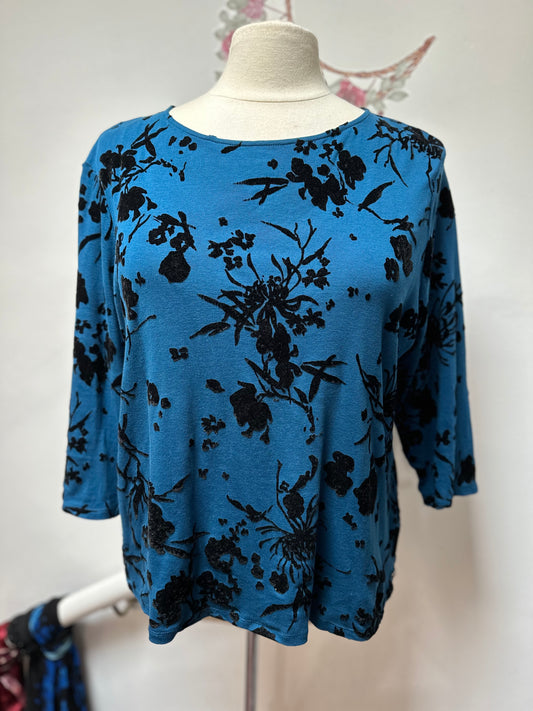 Maine Blue Top with Black Velvet Flowers, Size 20