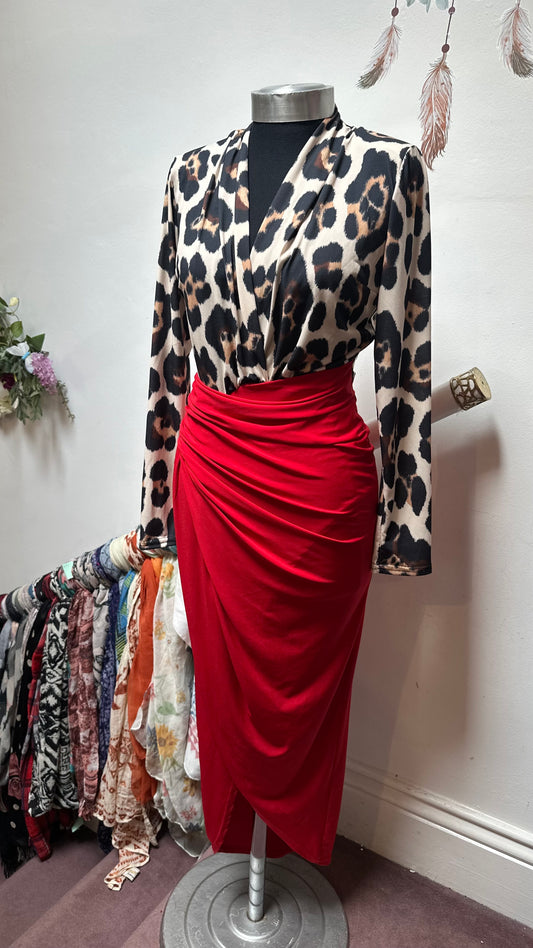 Leopard Print & Red Dress with Shoulder Pads Size S