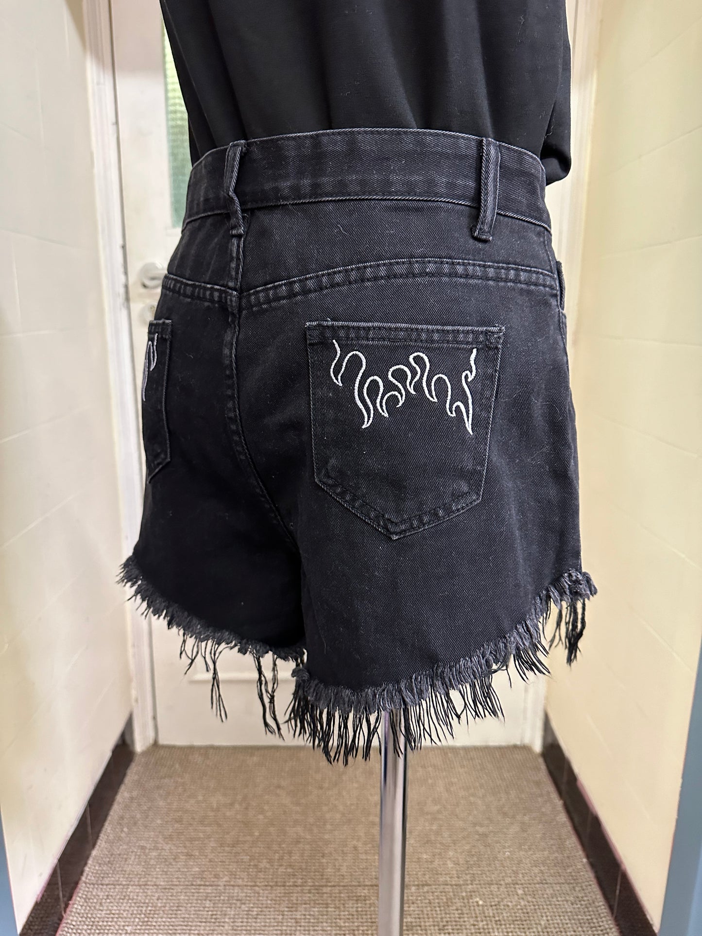 Shein Black Fringed Denim Shorts, small Fitting L (approximate Size 12)