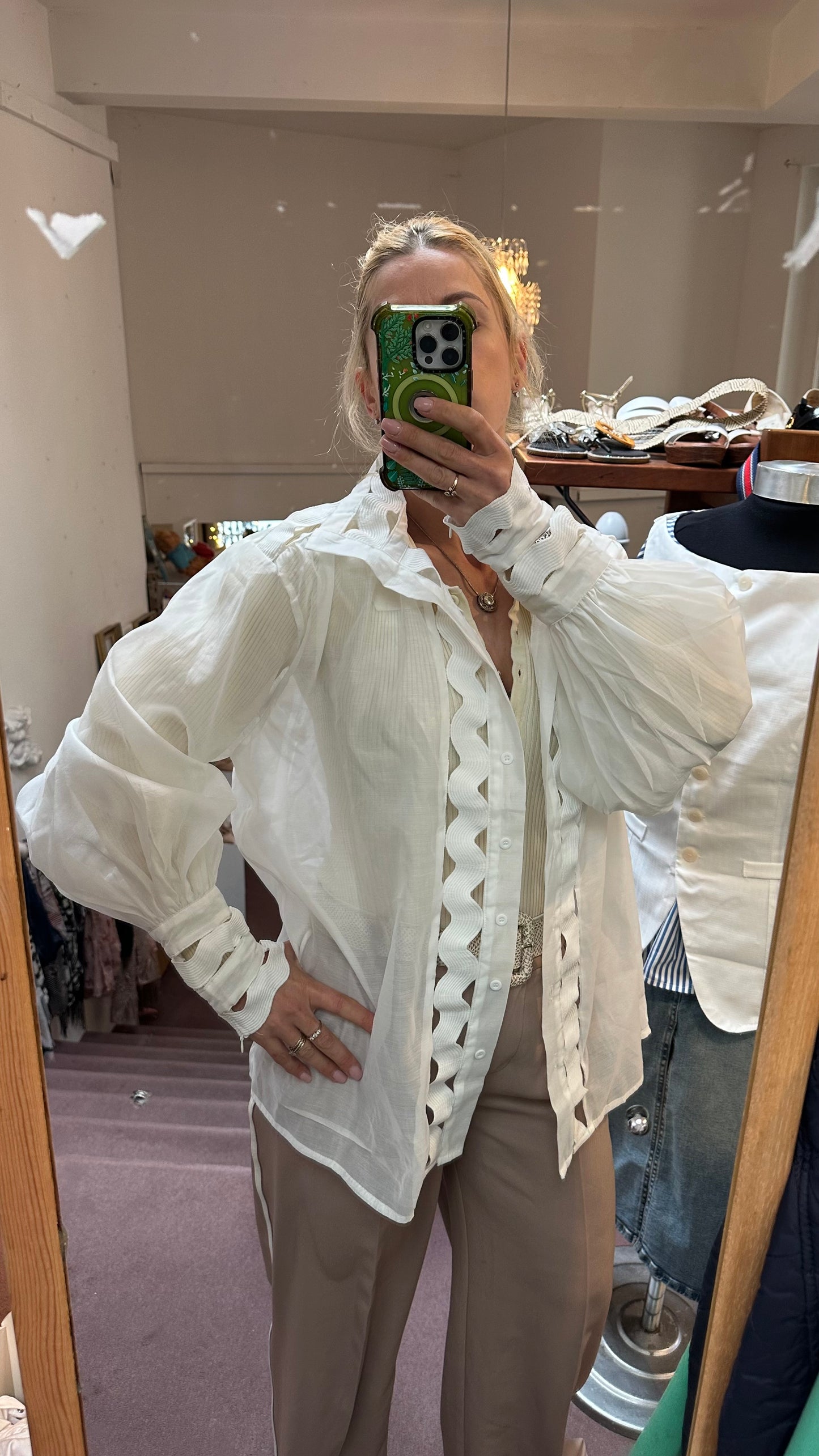 Eccentric White Semi-Sheer Blouse with Zip Cuffs Size L