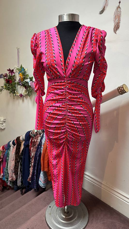 Copper Rose Pink/Red Print Plunge Ruched Midi Dress Size S