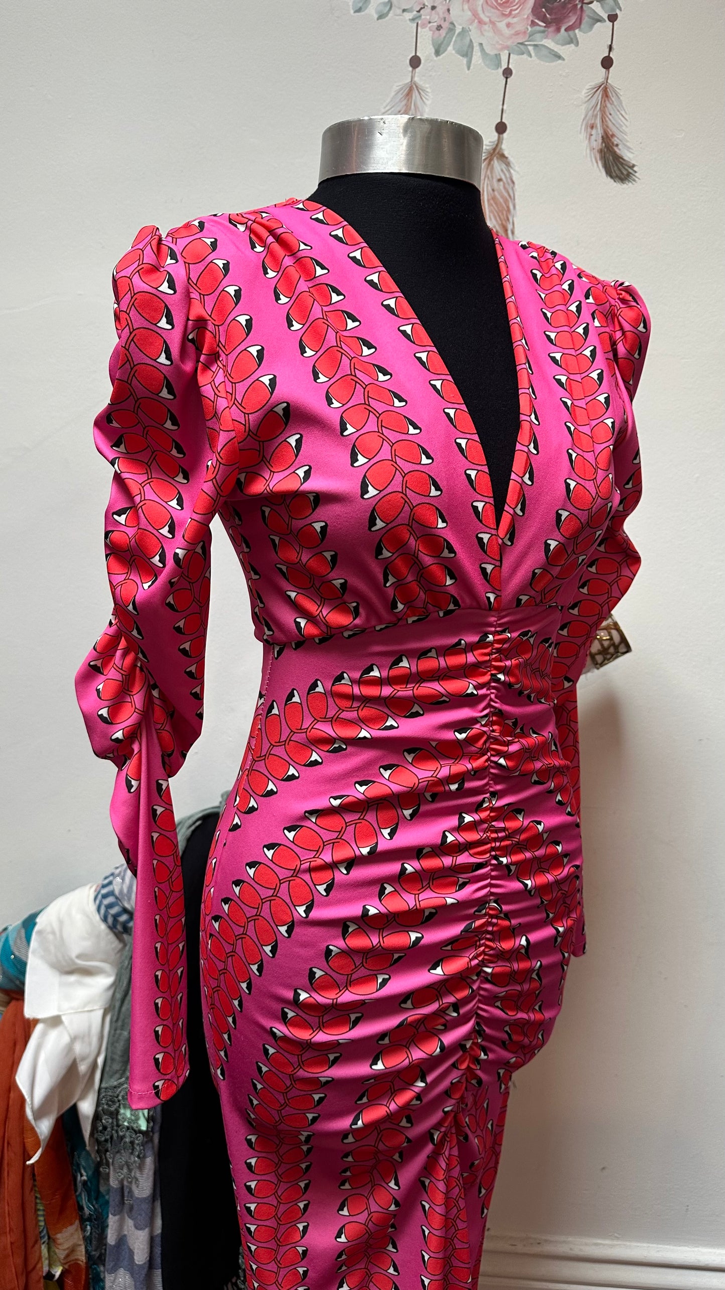 Copper Rose Pink/Red Print Plunge Ruched Midi Dress Size S