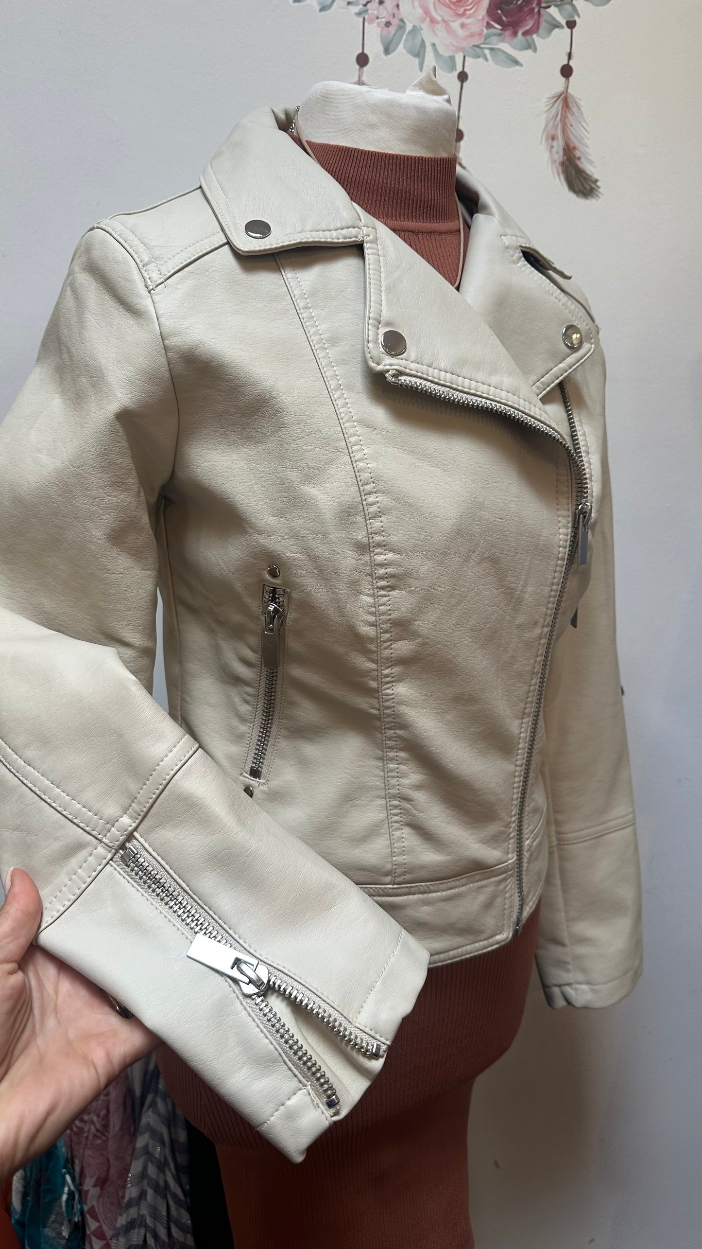 Dunnes Cream PU Biker Jacket Size 10