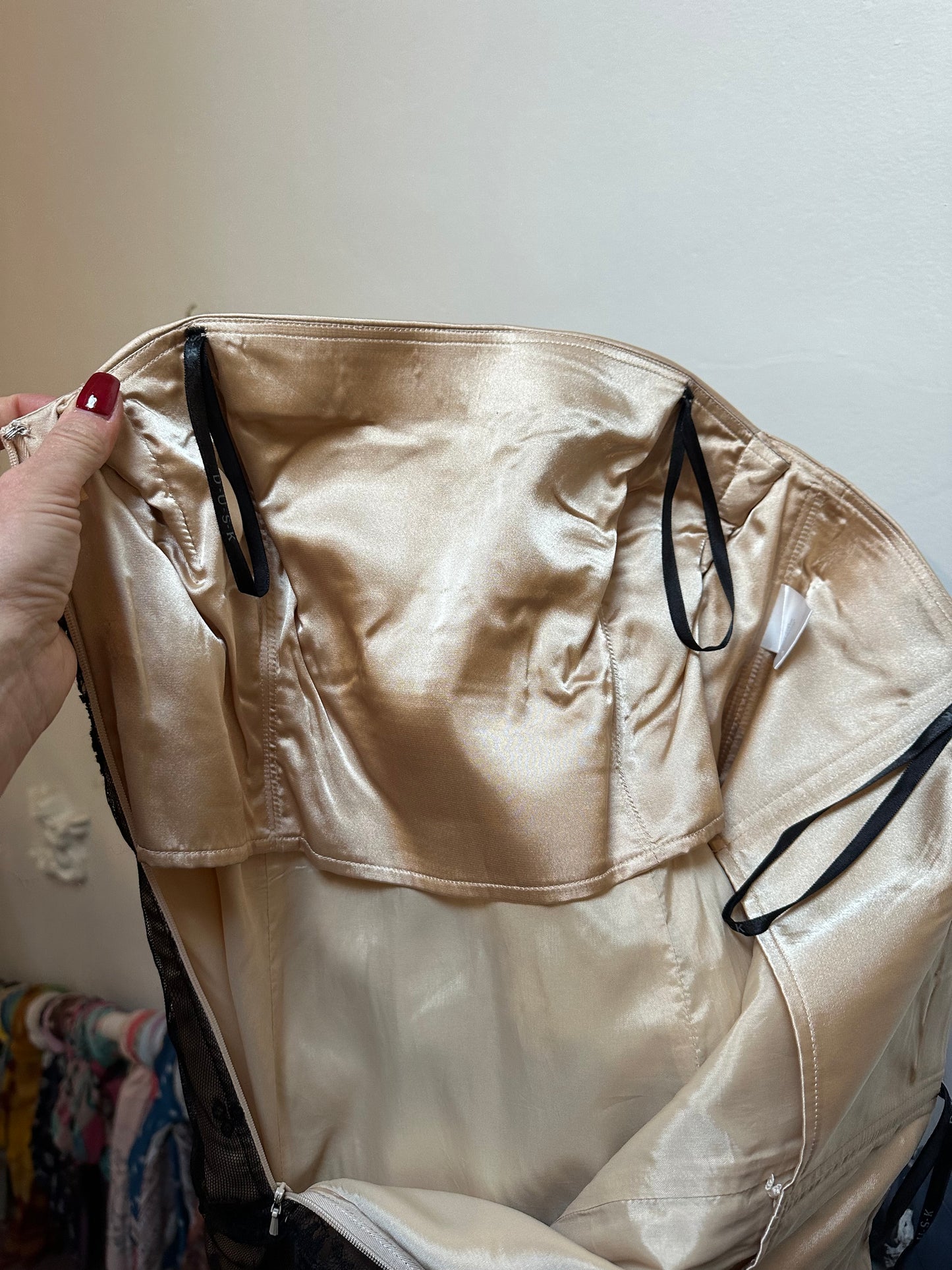 Designer Dusk Bustier Lace Dress Size 14 but small fitting, more like a 10/12