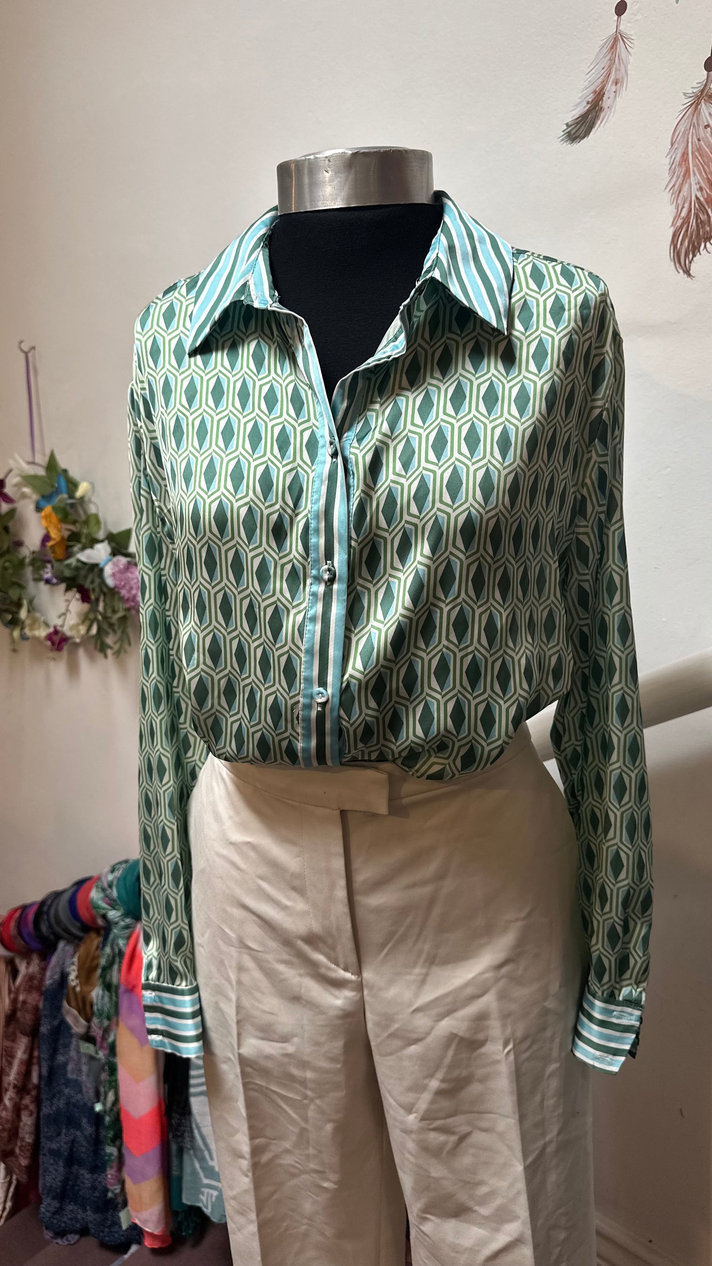 Gallery Elegant Duck Egg Pattern Blouse Size 12