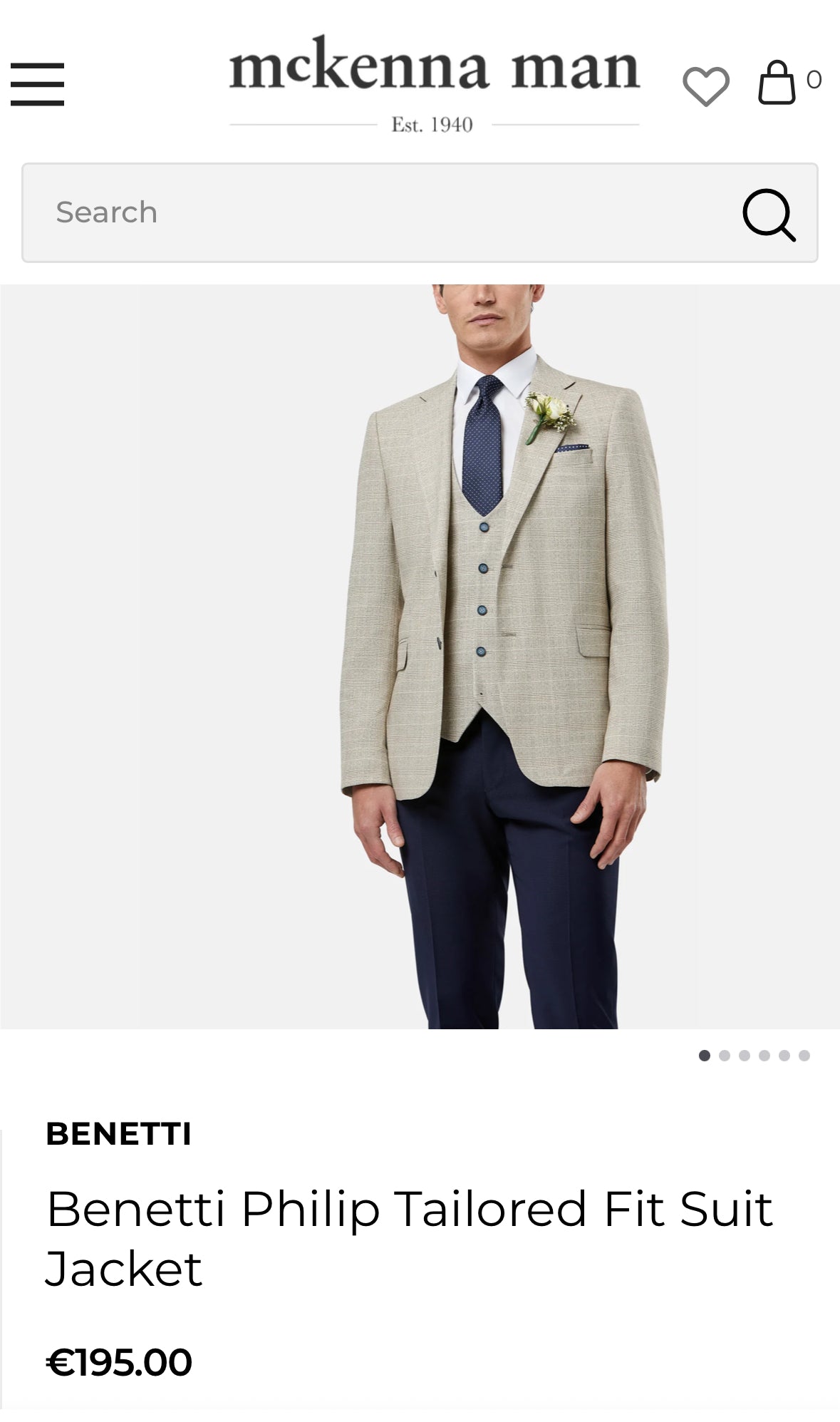 Designer Benetti Tailored Fit Suit Jacket in colour stone with matching Tue and Pocket Square Size 40R RRP €195!!