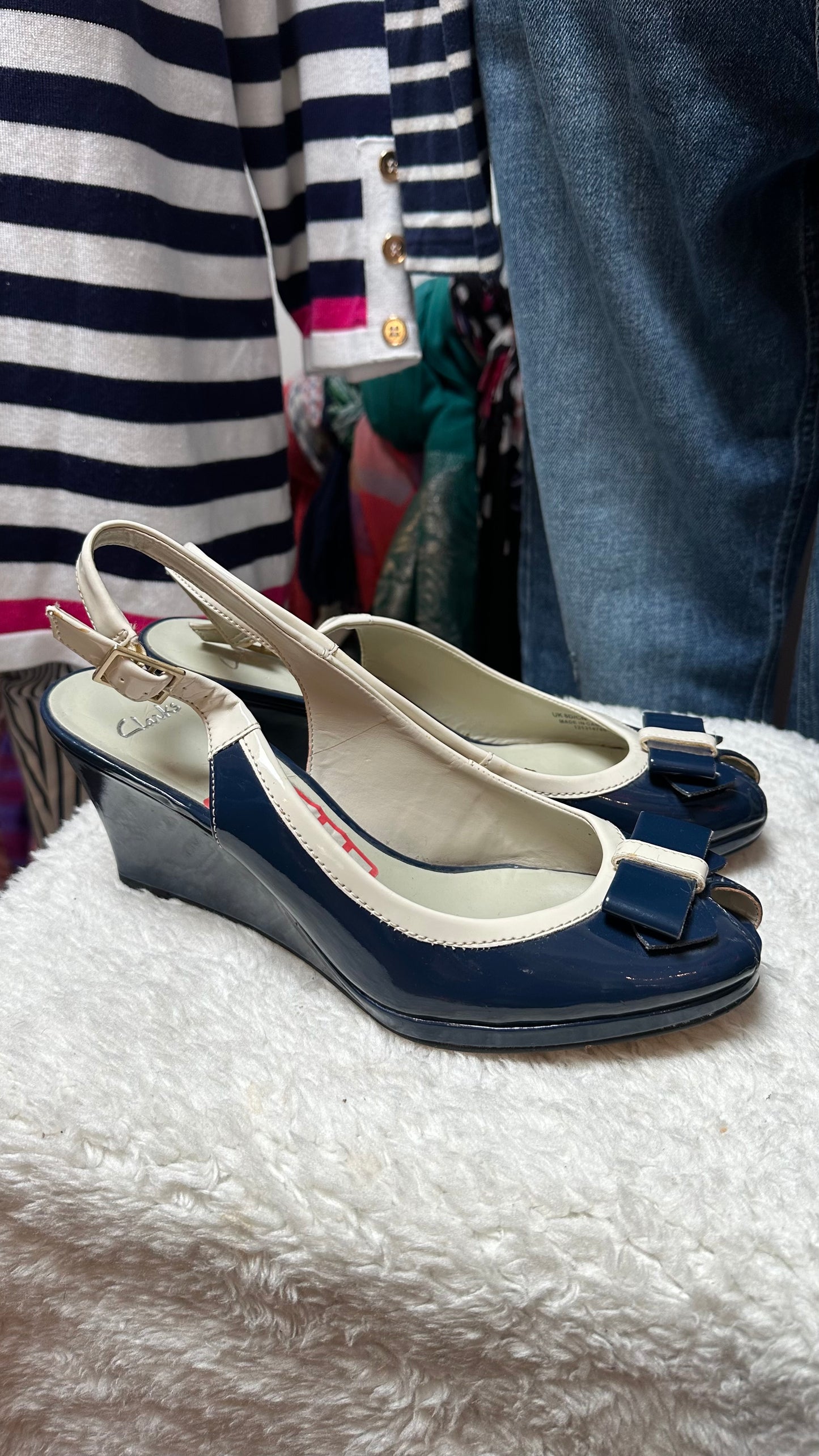 Clark’s Navy Patent Peeptoes Size 8