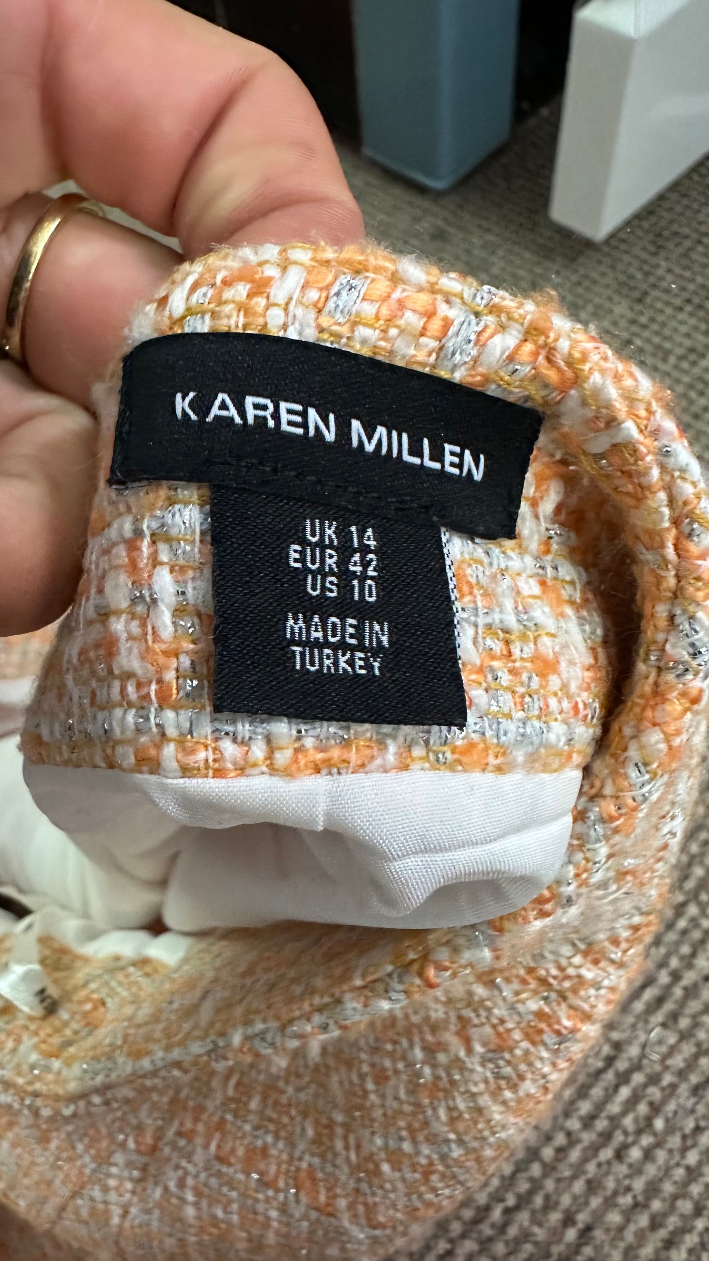 Designer Karen Millen 2 Piece Apricot Suit Jacket Size 16 but small fitting, Skirt Size 14 (best fit Size M/L)