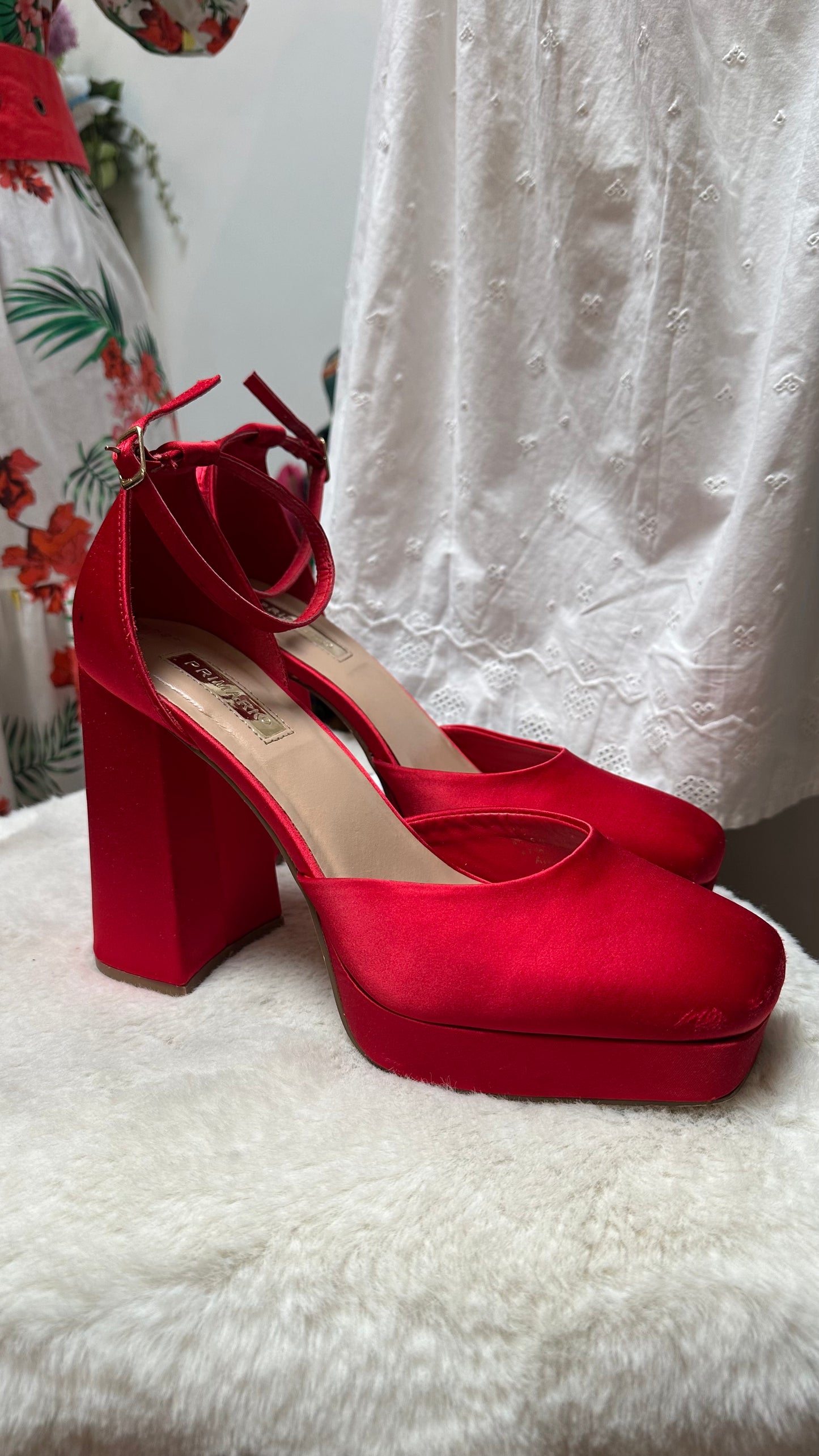 Primark Red Satin Platforms Size 7 (Small Mark on tie, see last photo)
