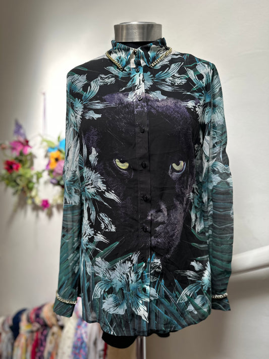 Guess Black Panther Blouse, Semi Sheer, Size S