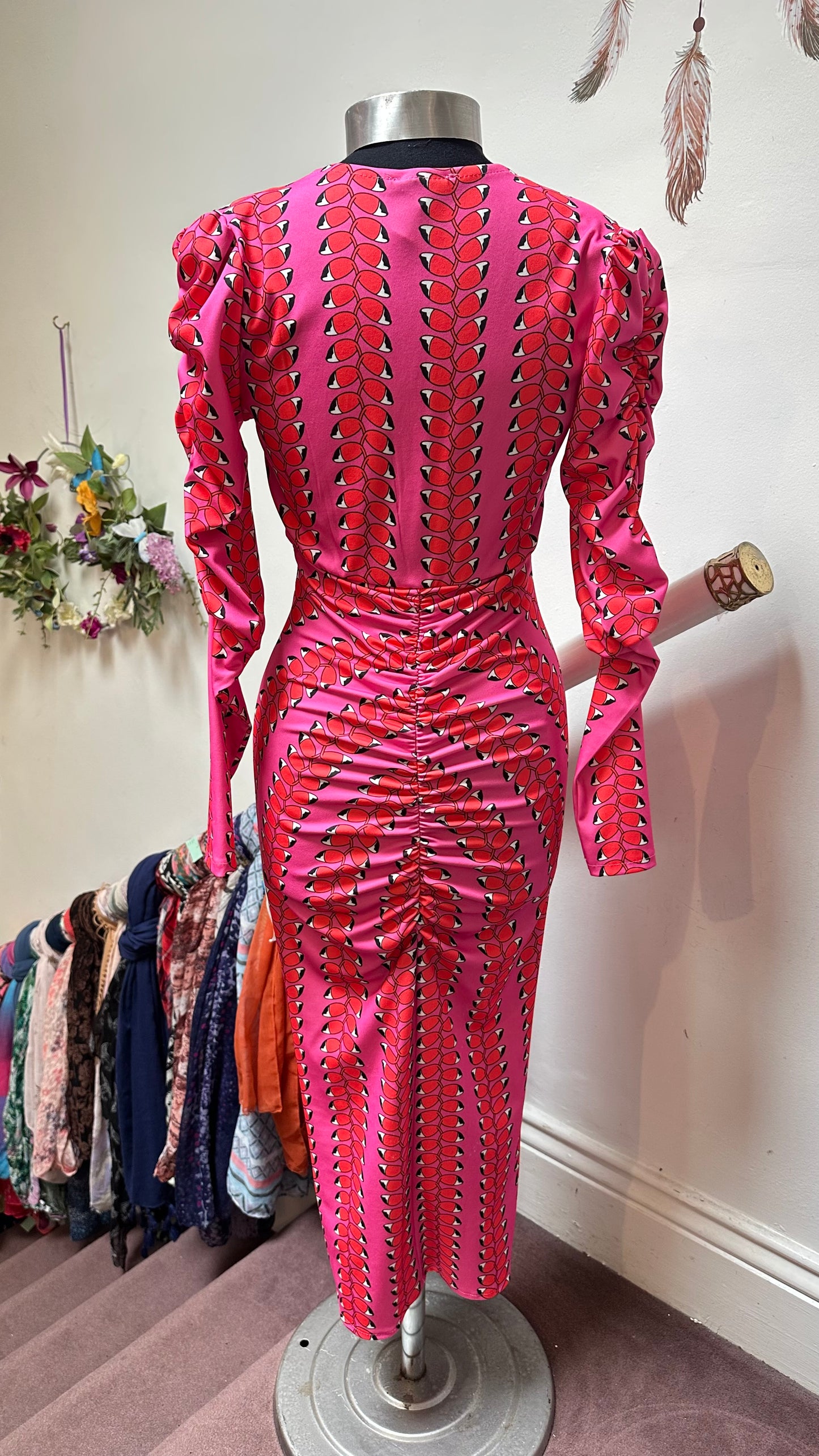 Copper Rose Pink/Red Print Plunge Ruched Midi Dress Size S