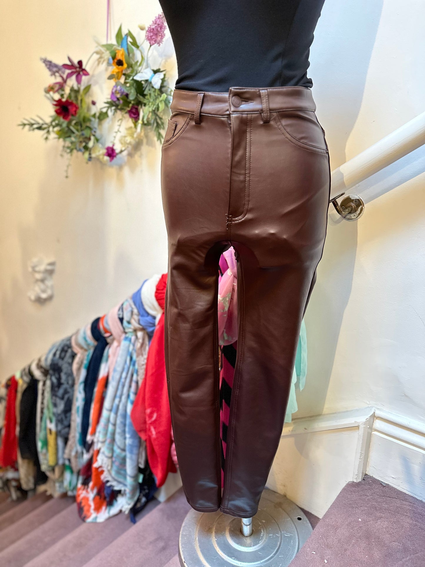 Pull & Bear Burgundy/Chocolate PU Leather Trousers Size 8