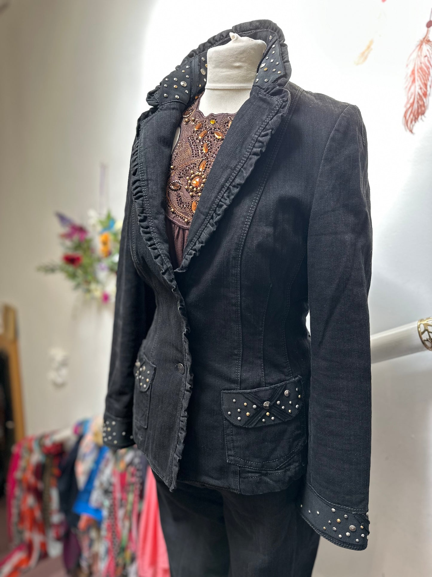 Designer Giorgio Grati Studded Denim Suit Best Fit Size 12 (1 Belt Loop needs a stitch)