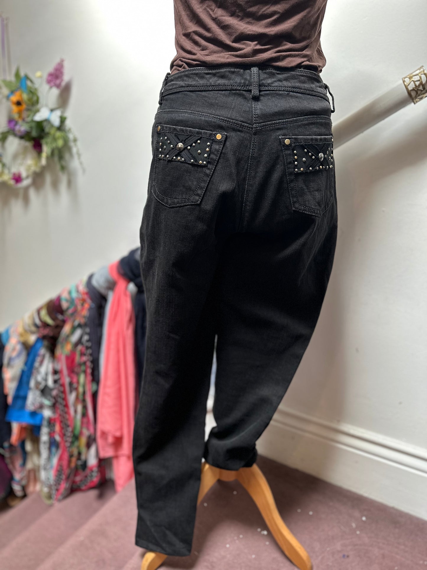 Designer Giorgio Grati Studded Denim Suit Best Fit Size 12 (1 Belt Loop needs a stitch)