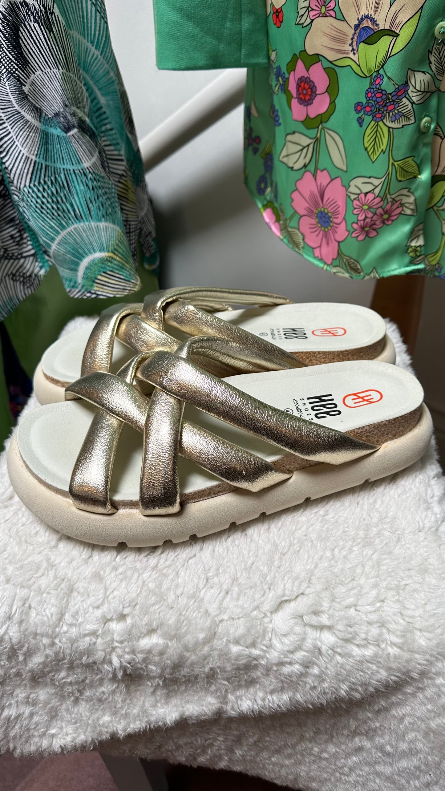 Designer Hee Chunky Gold Leather Saldals Wide Fit Size 41