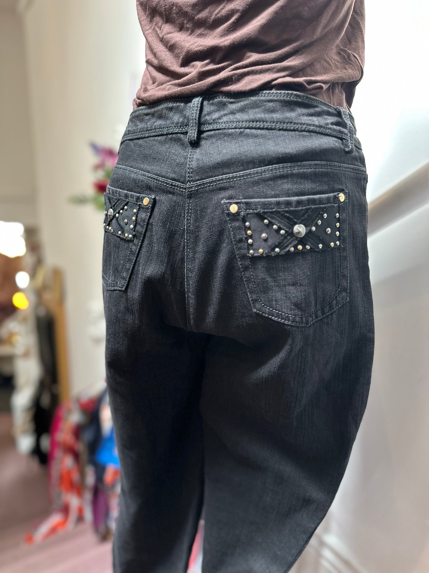Designer Giorgio Grati Studded Denim Suit Best Fit Size 12 (1 Belt Loop needs a stitch)