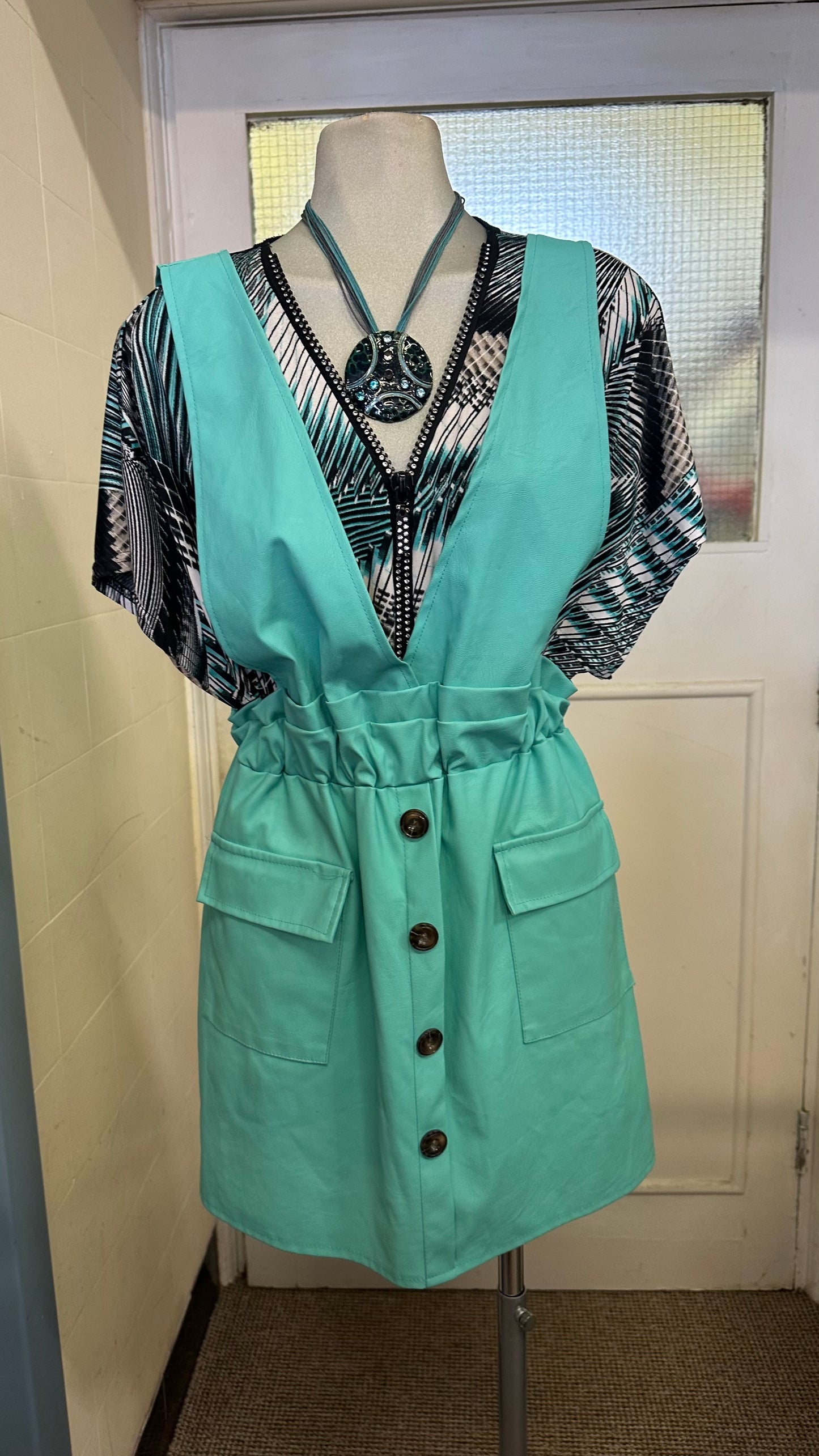 Turquoise PU Leather Pinafore Size S