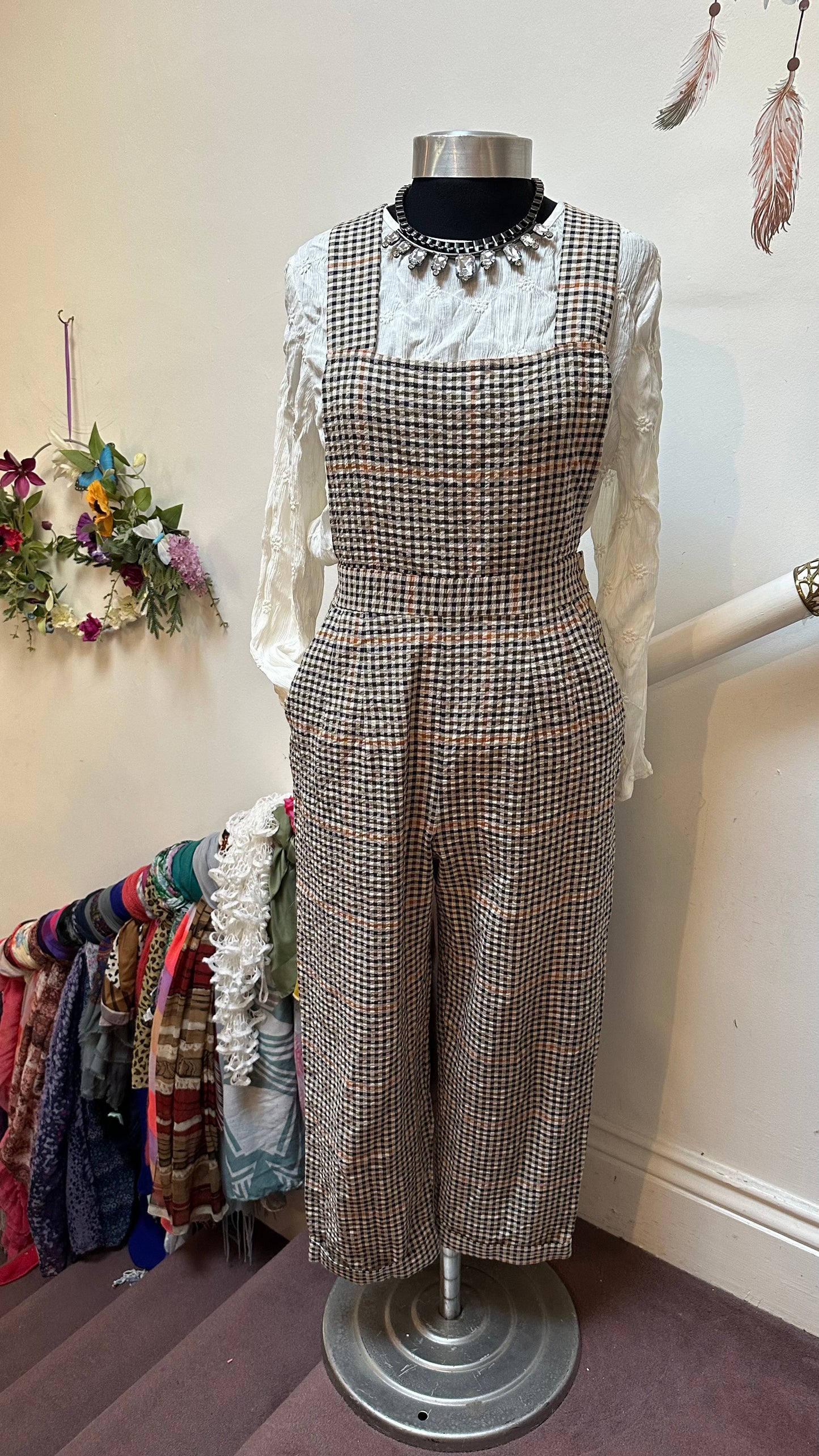 Zara Checkered Dungaree Jumpsuit Size XS