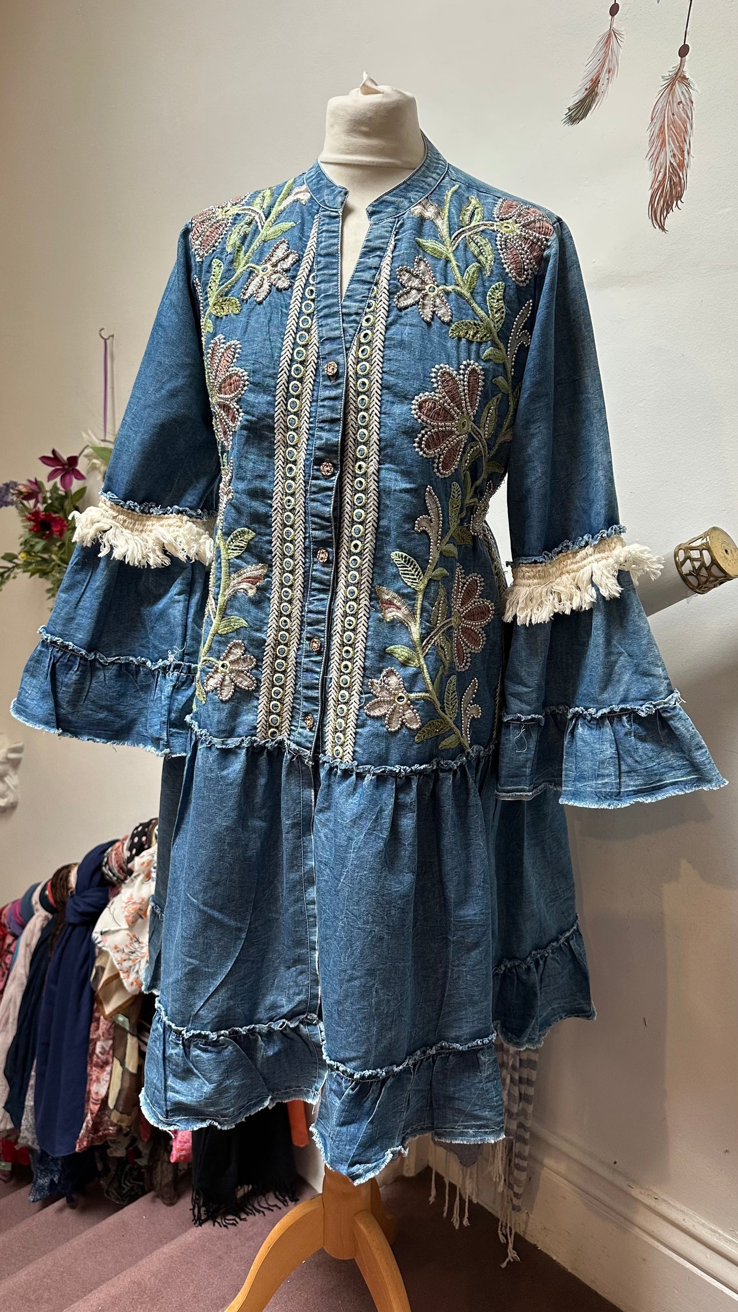 Stunning Handmade by Siya Denim Embroidered Tunic Dress 100% CottonBest Fit Size 10 (slit at front but could be sewn closed to be worn as dress)