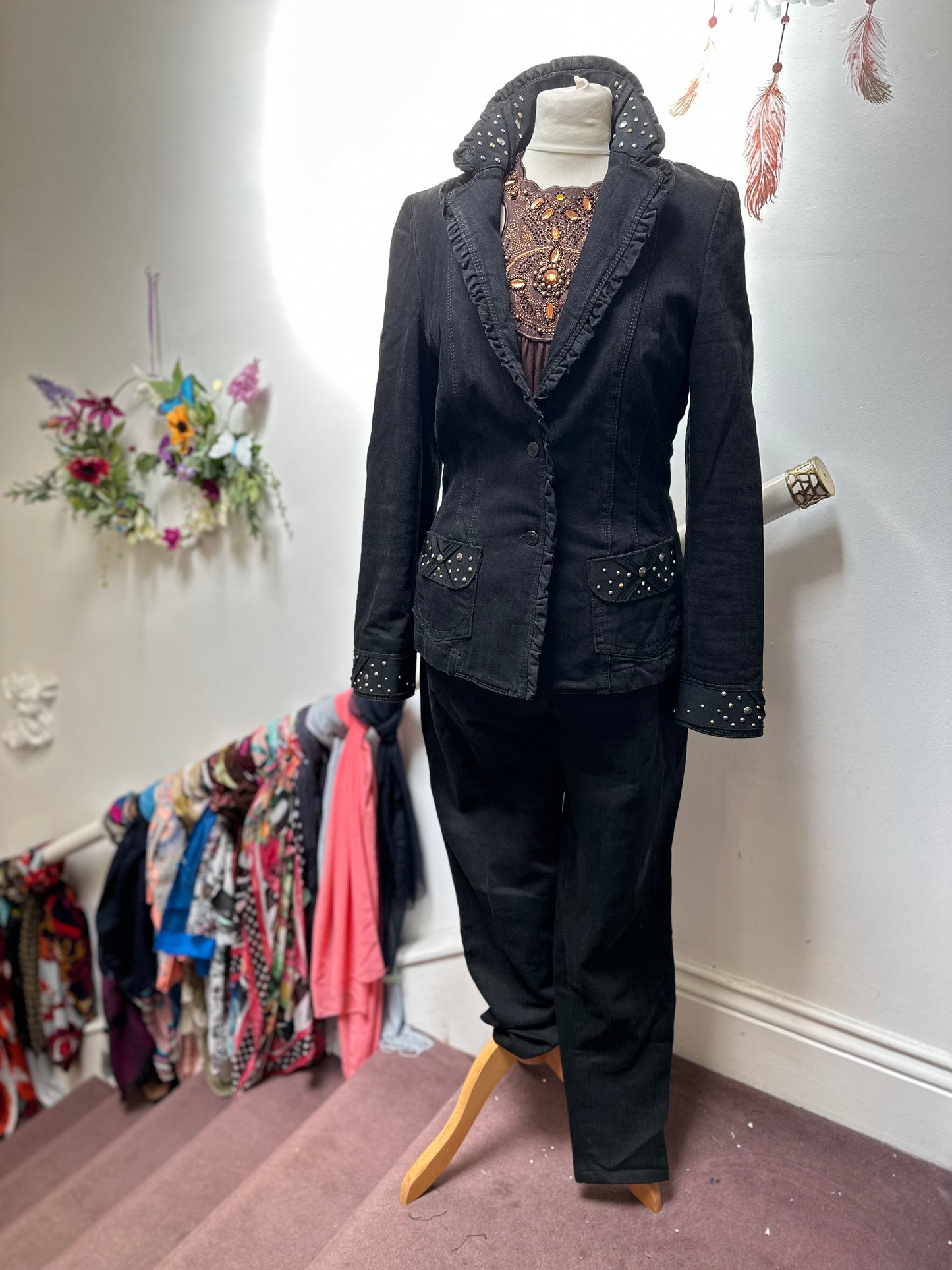 Designer Giorgio Grati Studded Denim Suit Best Fit Size 12 (1 Belt Loop needs a stitch)