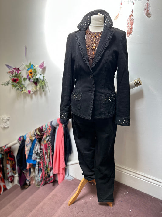 Designer Giorgio Grati Studded Denim Suit Best Fit Size 12 (1 Belt Loop needs a stitch)