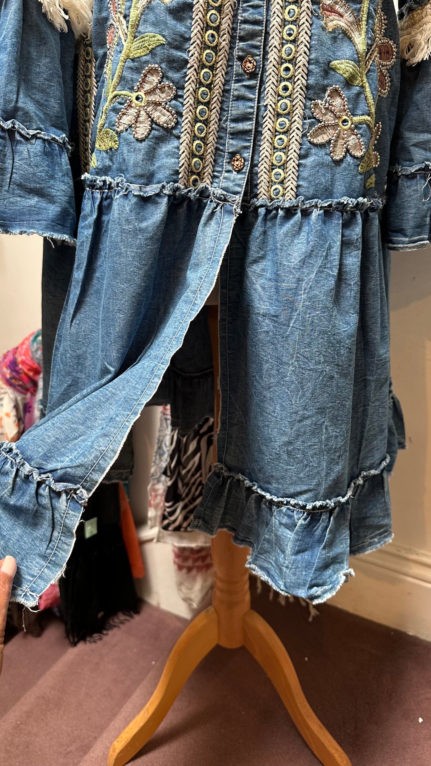 Stunning Handmade by Siya Denim Embroidered Tunic Dress 100% CottonBest Fit Size 10 (slit at front but could be sewn closed to be worn as dress)