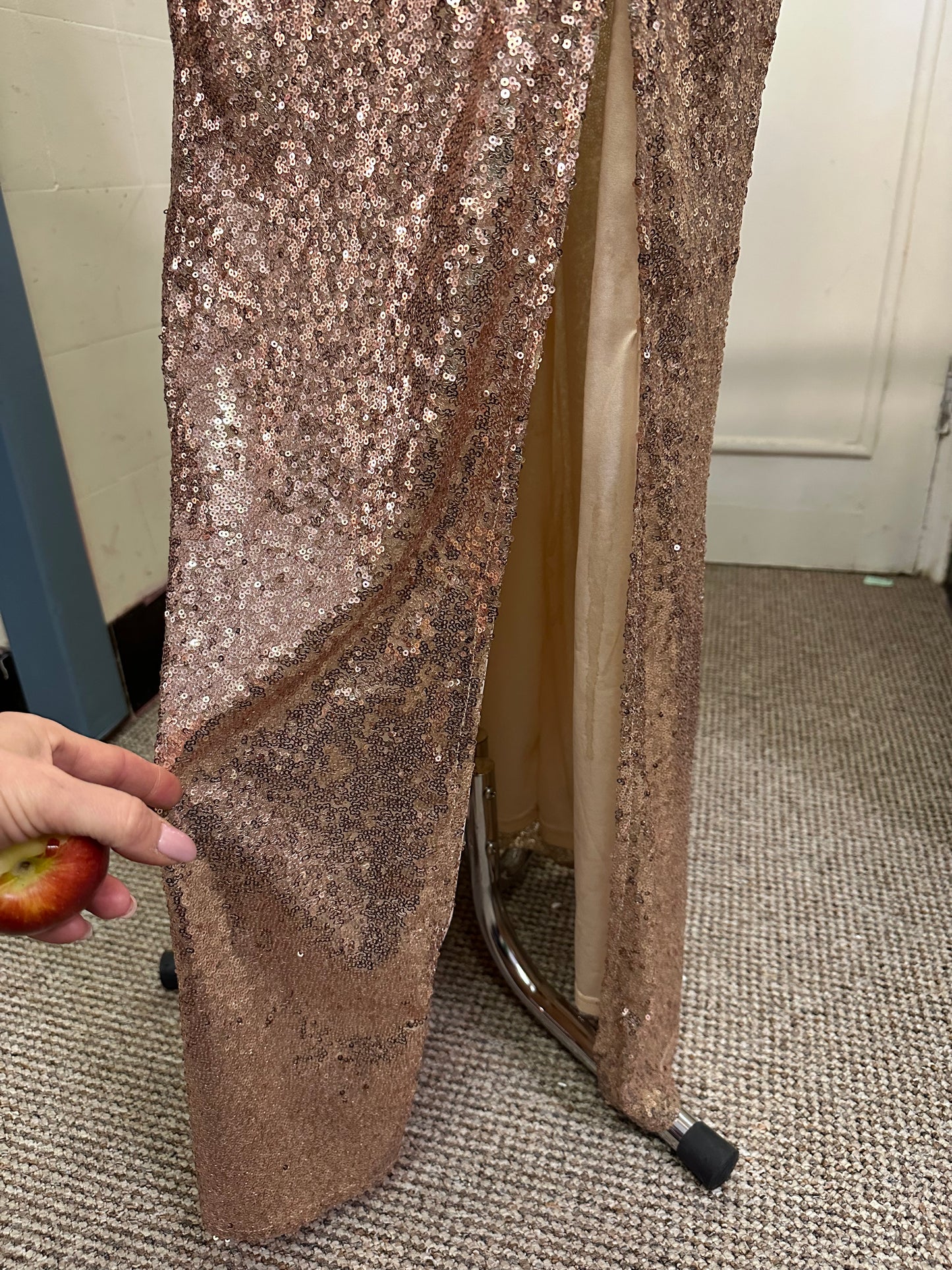 Rose Gold Sequin Occasion Wear Dress Size 12 (small patch of sequins missing, see photo)