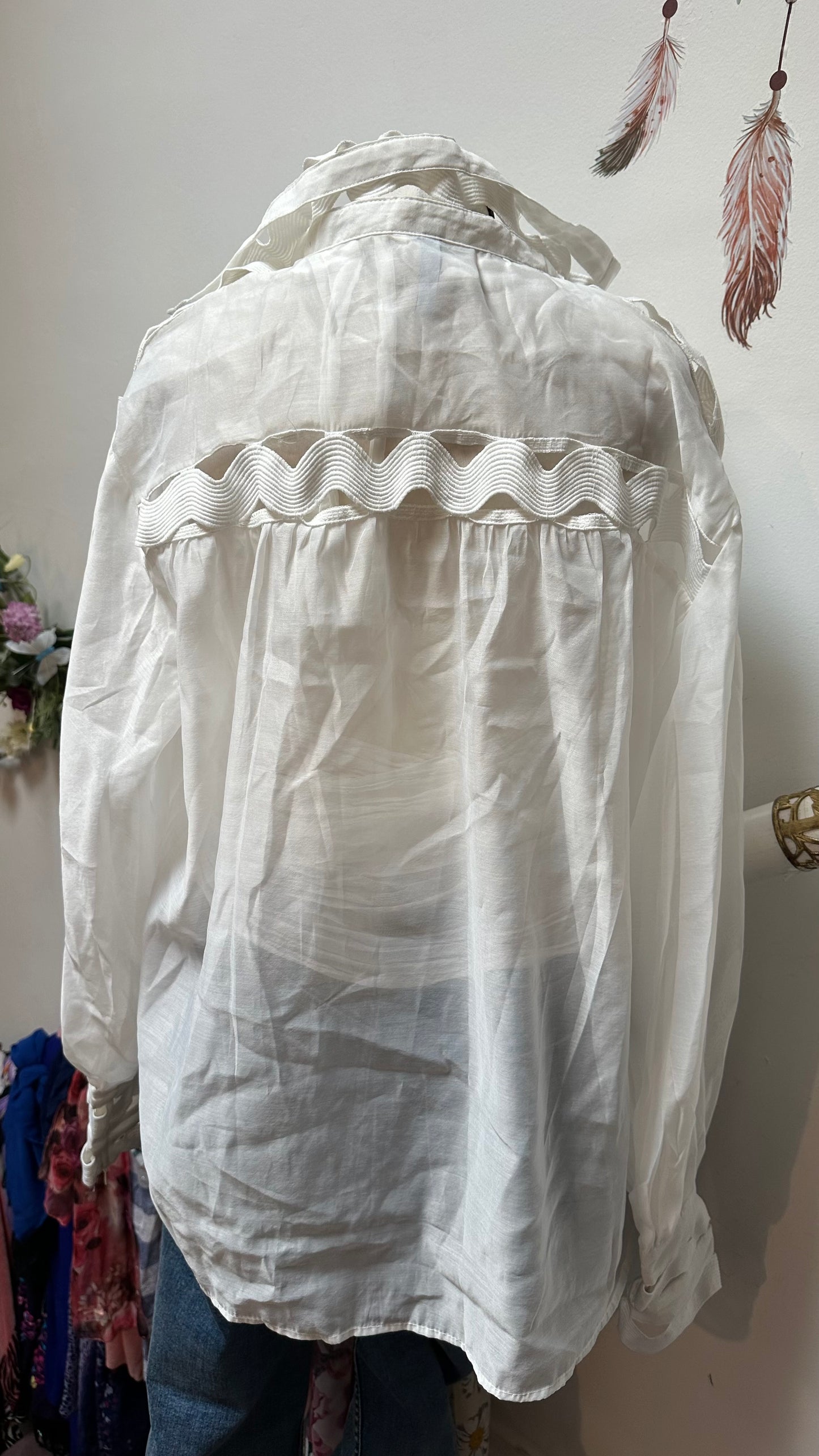 Eccentric White Semi-Sheer Blouse with Zip Cuffs Size L