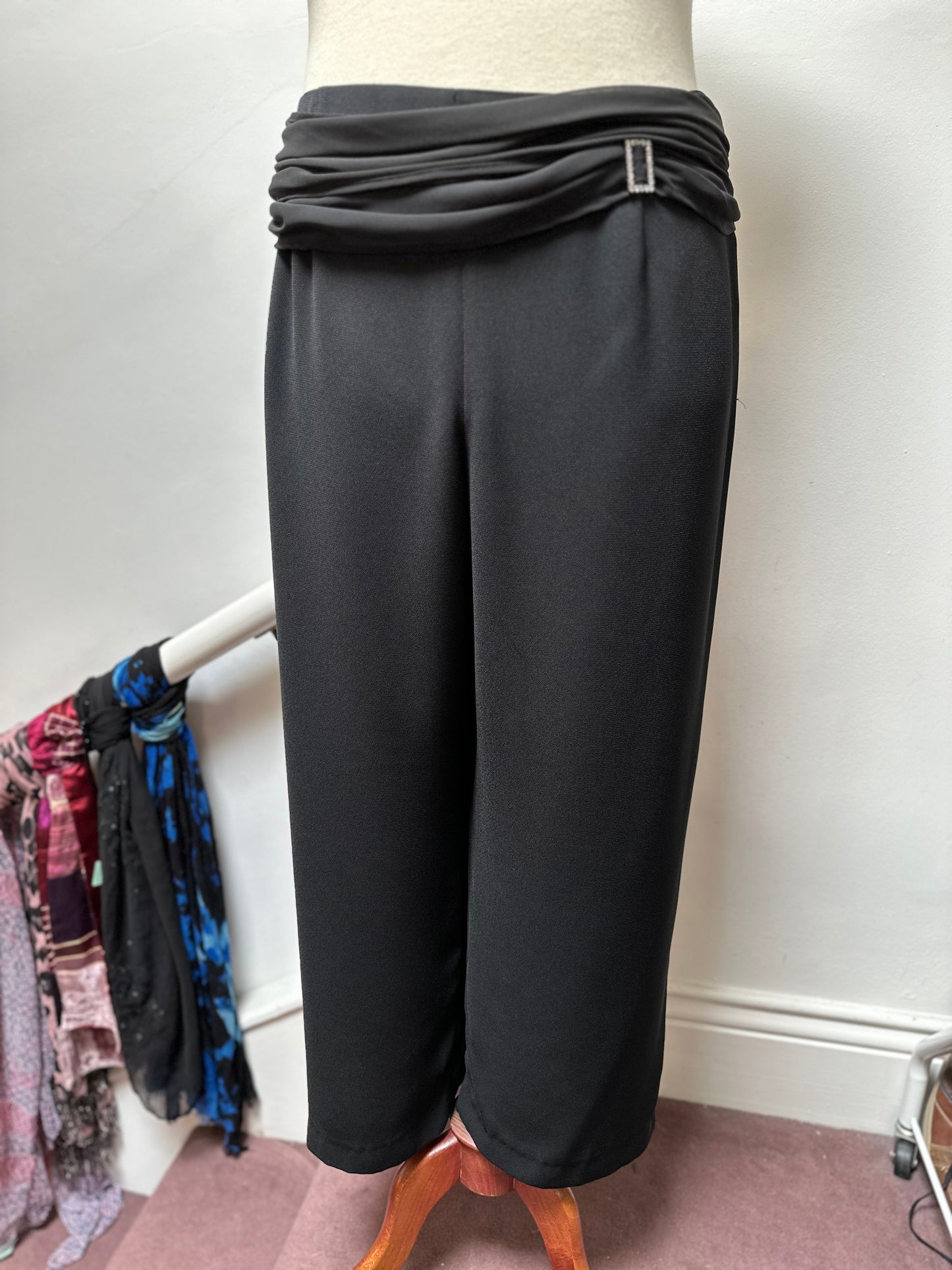 Eastex Black Wide Leg Trousers with Diamente Detail, Size 22