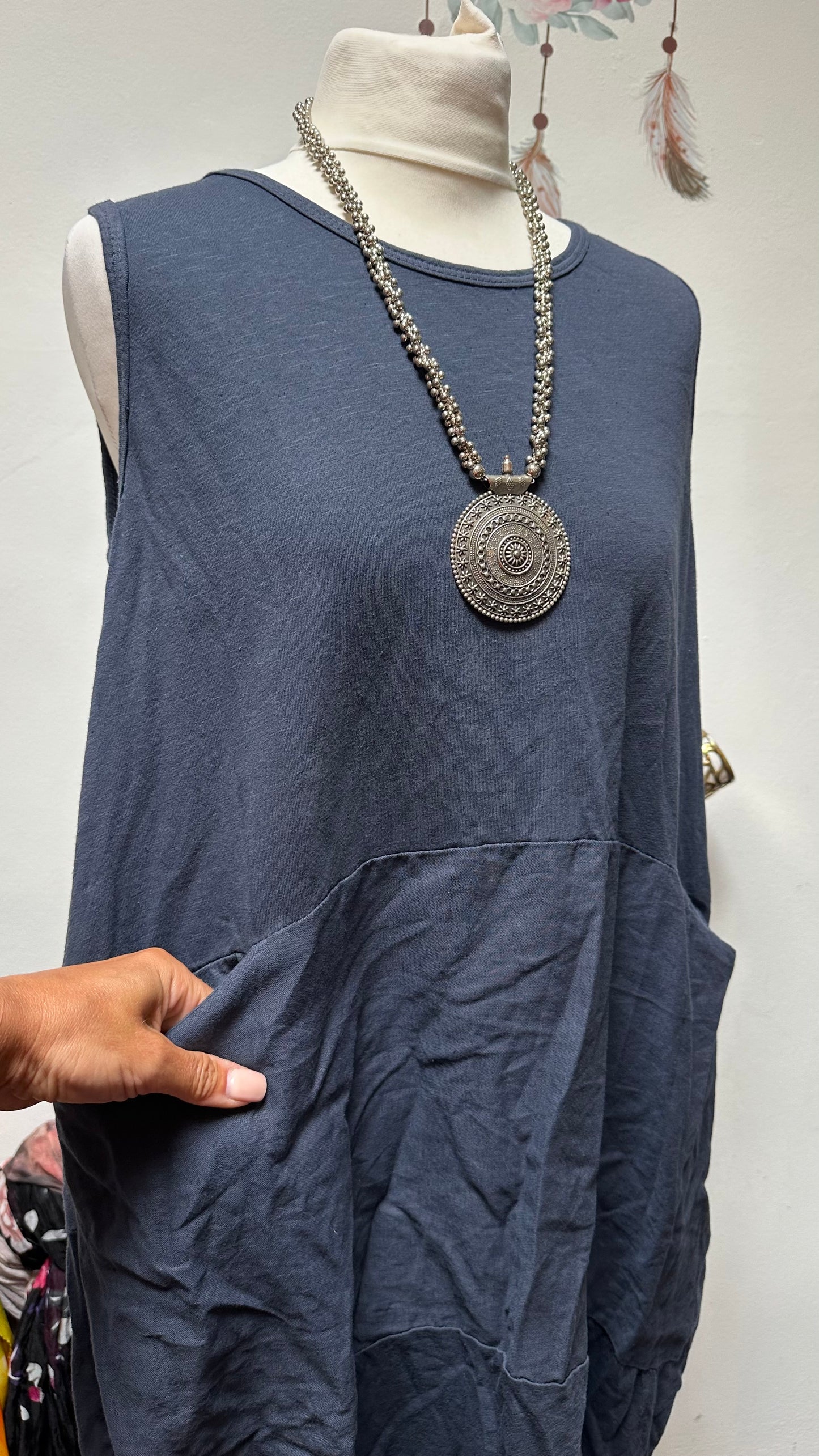 Navy Cotton/Linen Blend Dress with Pockets Best Fit Size L
