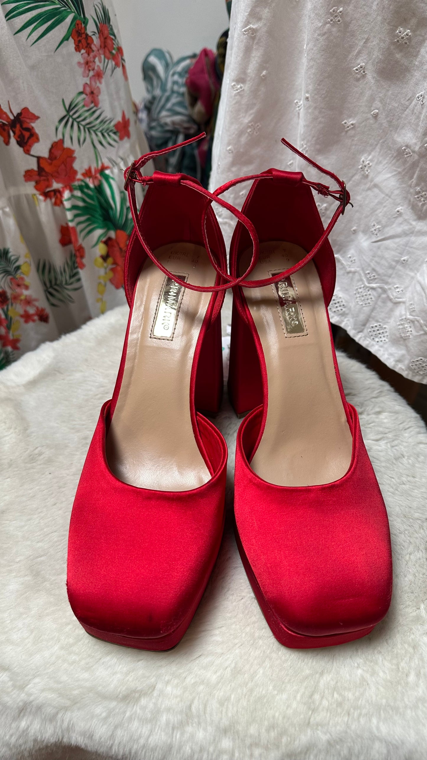 Primark Red Satin Platforms Size 7 (Small Mark on tie, see last photo)