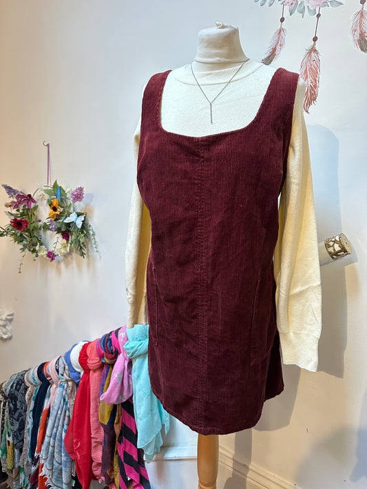 New Look Burgundy Corduroy Pinafore with Pockets Size 18 100% Cotton