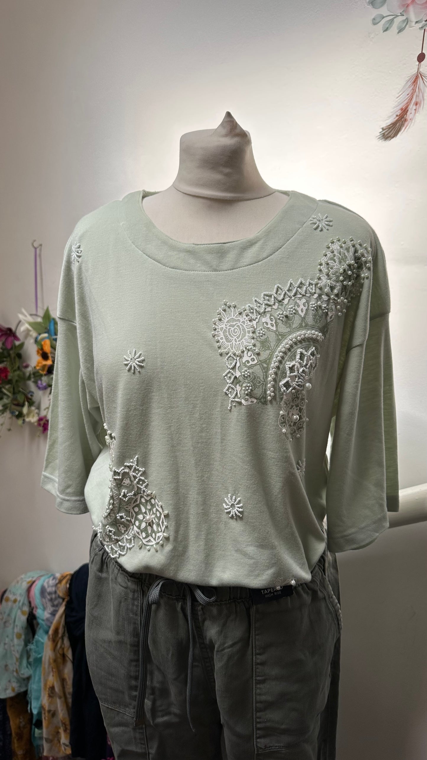 Casanova Sage Green Top with Beading and Shoulder Pads Best Fit Size M/L