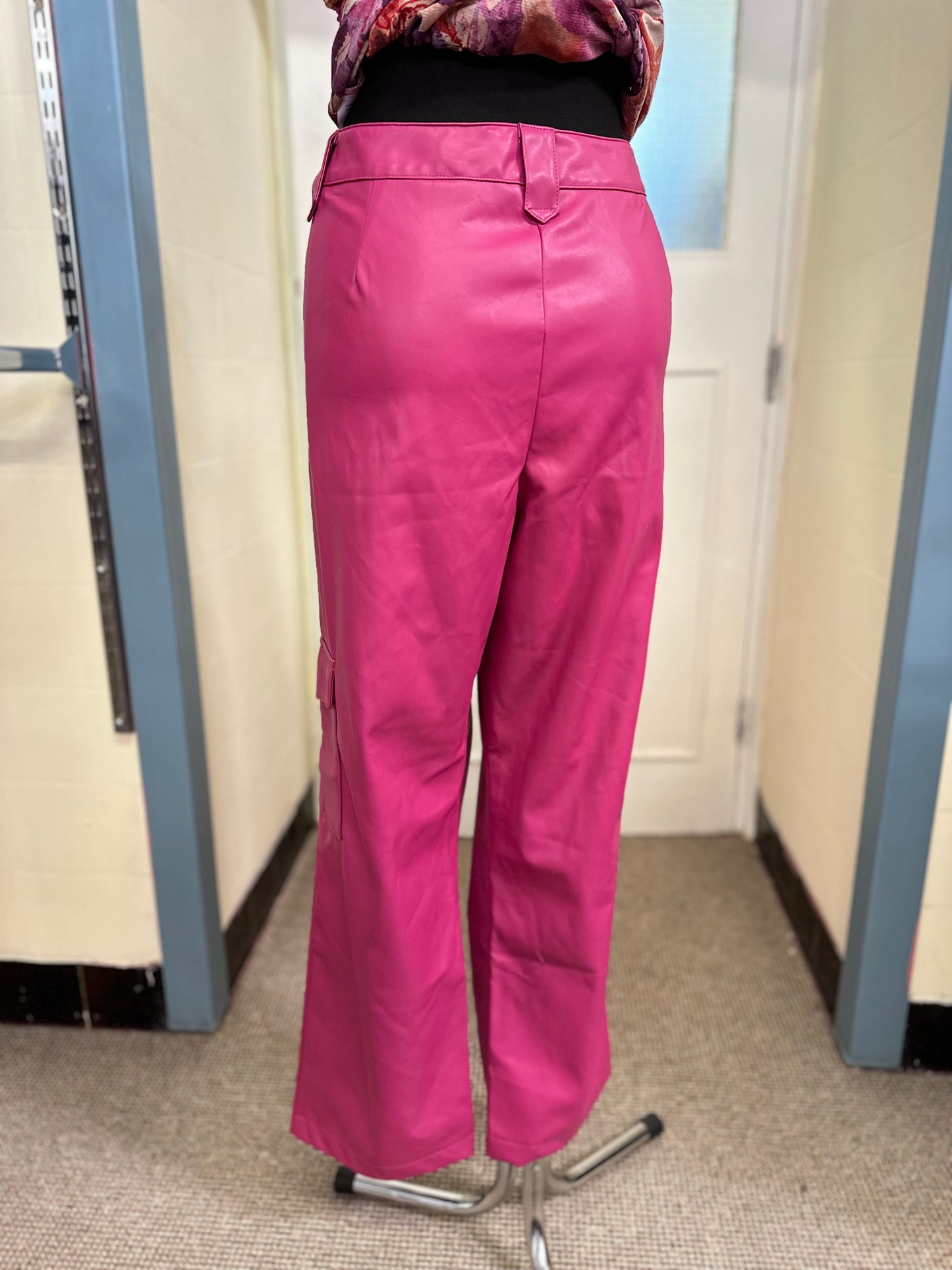 Primark Pink PU Leather Trousers, Size 18, button missing but closes fine