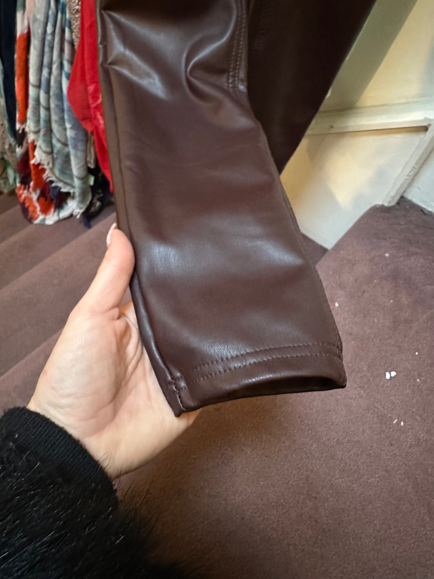 Pull & Bear Burgundy/Chocolate PU Leather Trousers Size 8