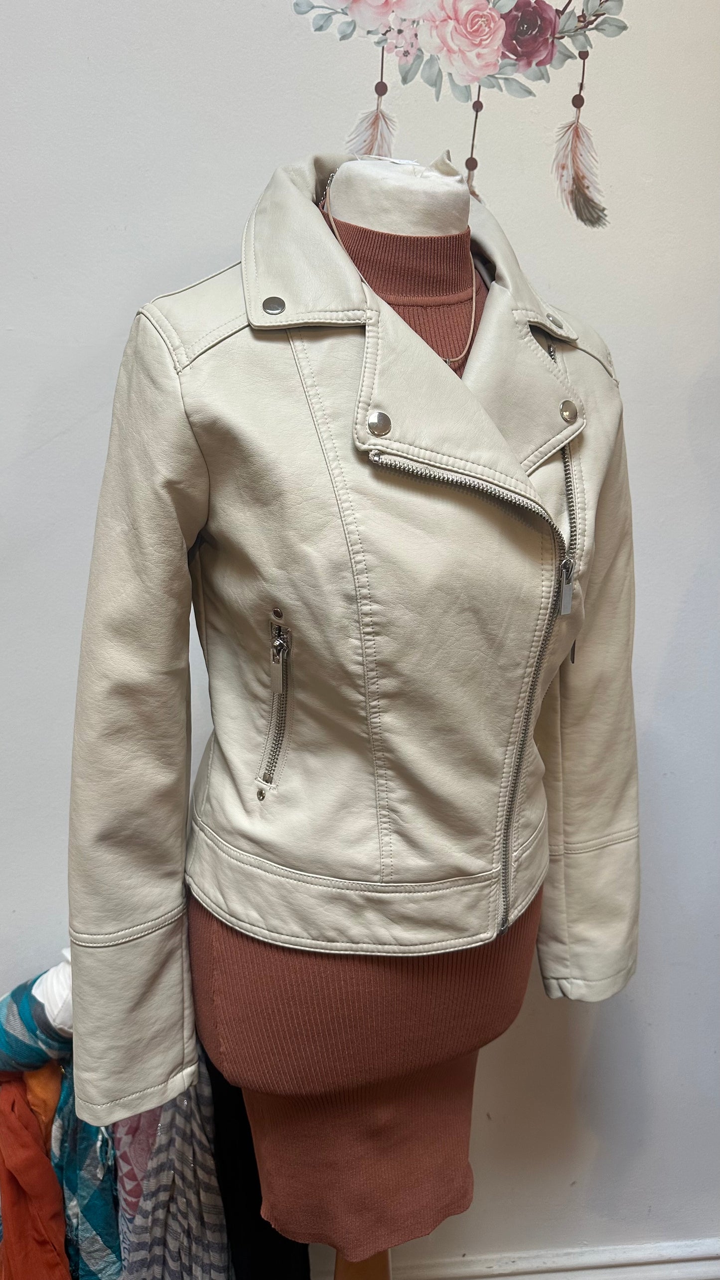 Dunnes Cream PU Biker Jacket Size 10
