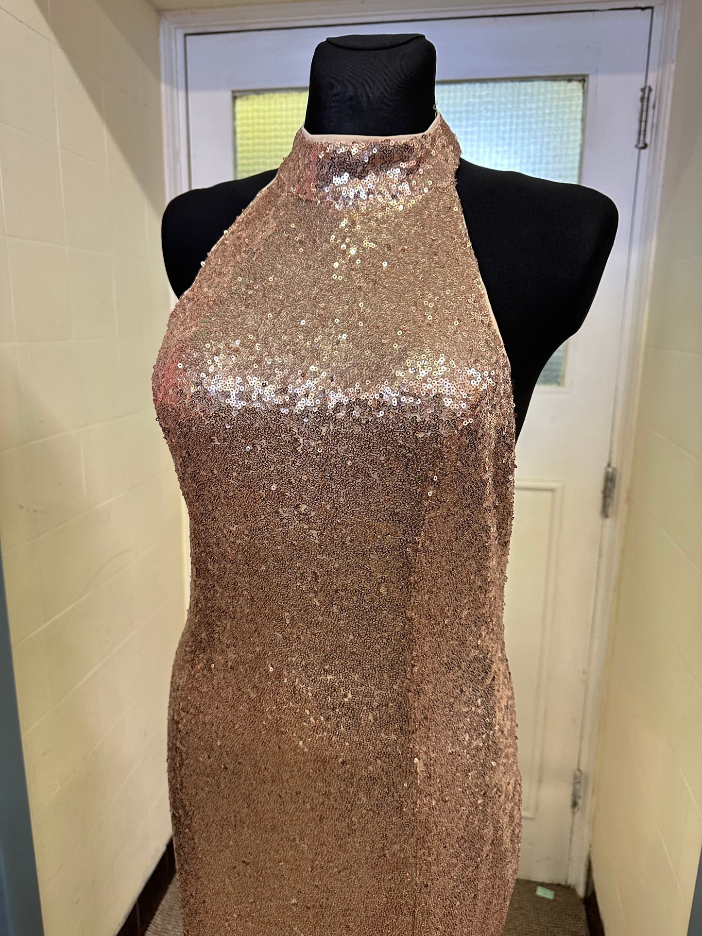 Rose Gold Sequin Occasion Wear Dress Size 12 (small patch of sequins missing, see photo)