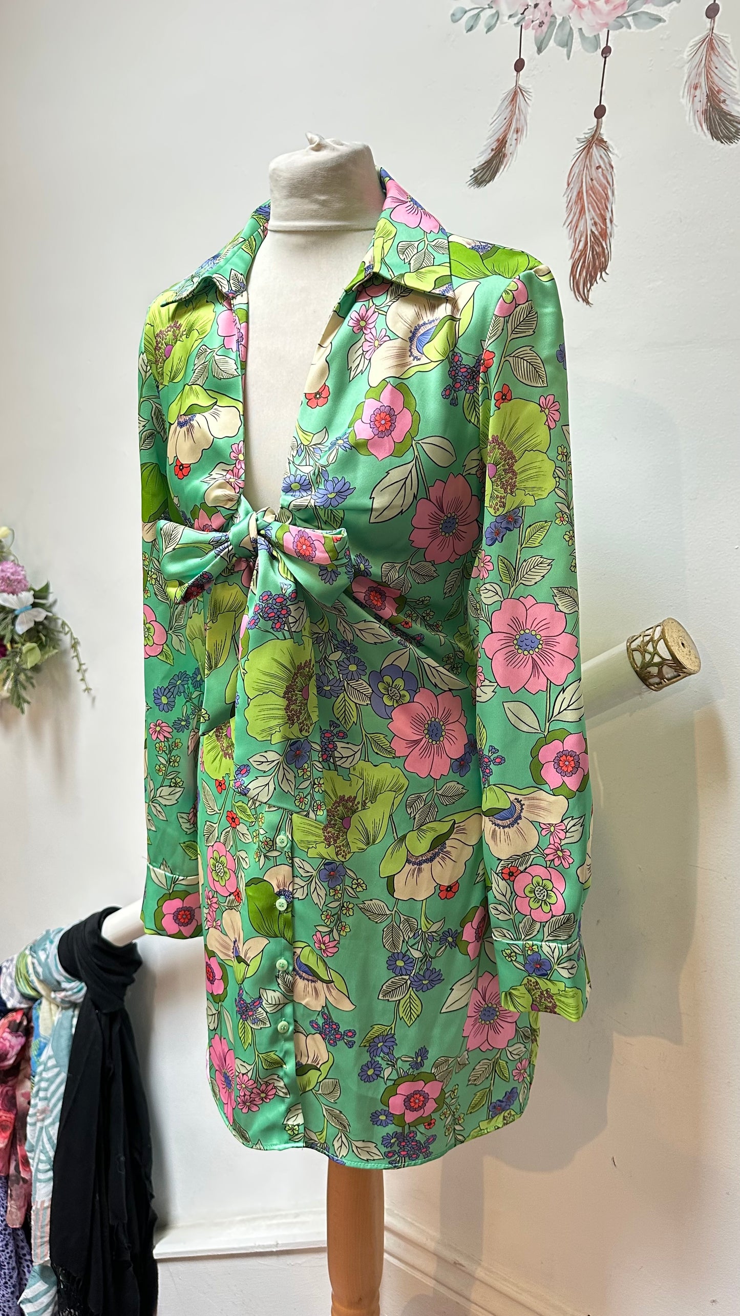 Zara Green Floral Satin Dress Size M (small fitting)