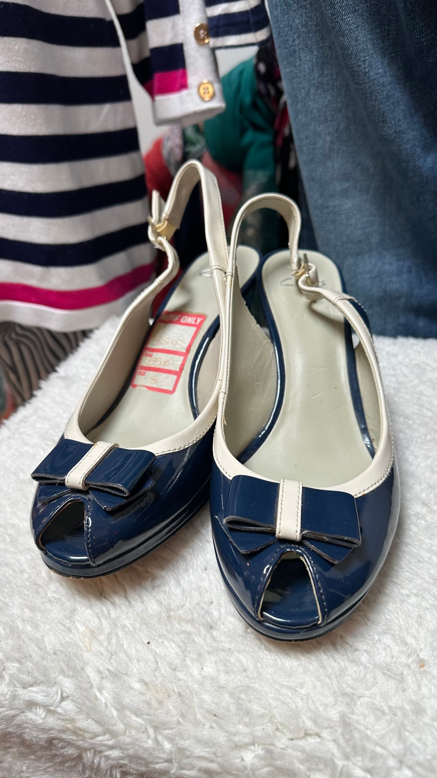 Clark’s Navy Patent Peeptoes Size 8