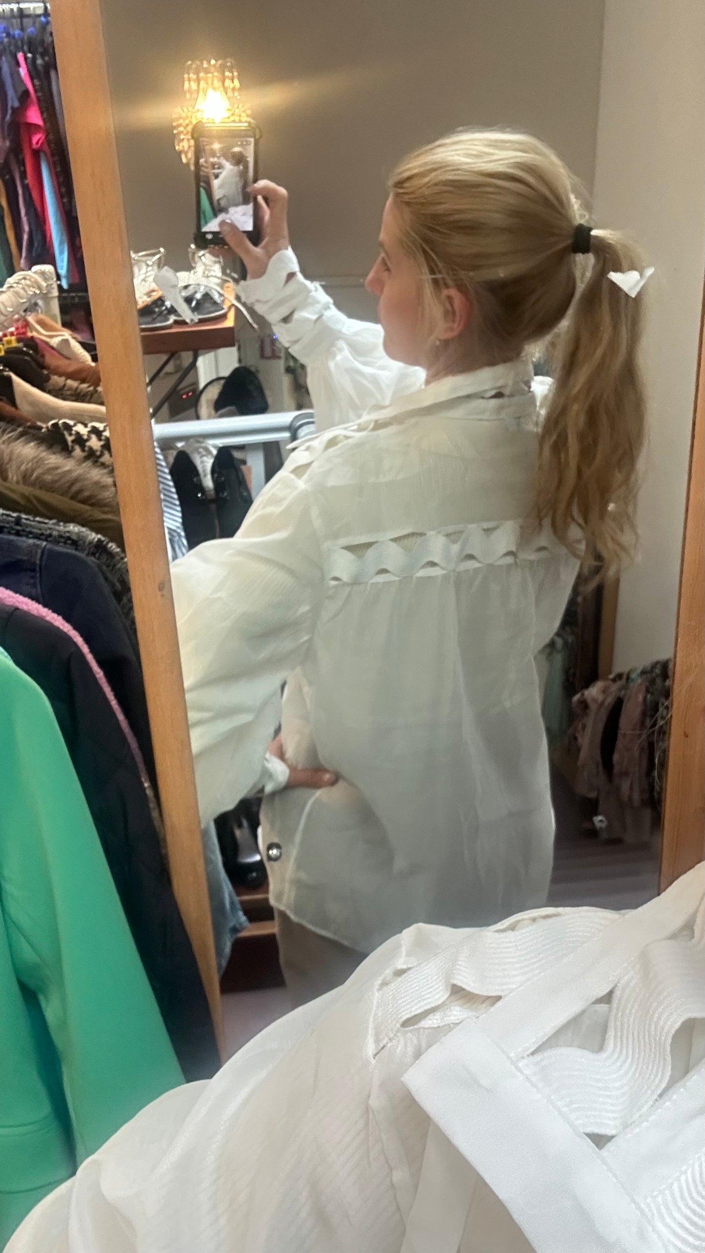 Eccentric White Semi-Sheer Blouse with Zip Cuffs Size L