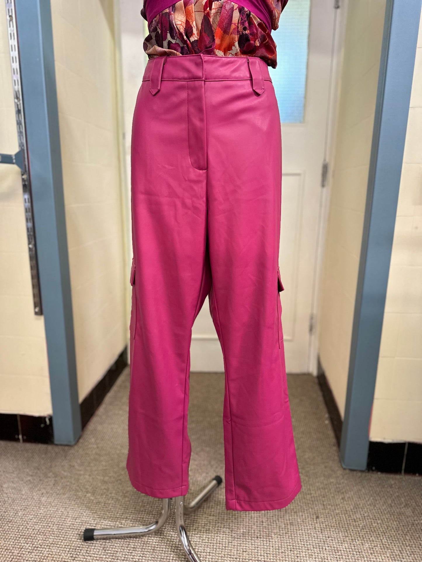 Primark Pink PU Leather Trousers, Size 18, button missing but closes fine