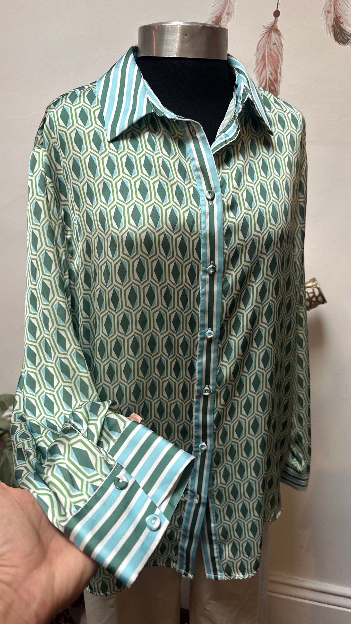 Gallery Elegant Duck Egg Pattern Blouse Size 12